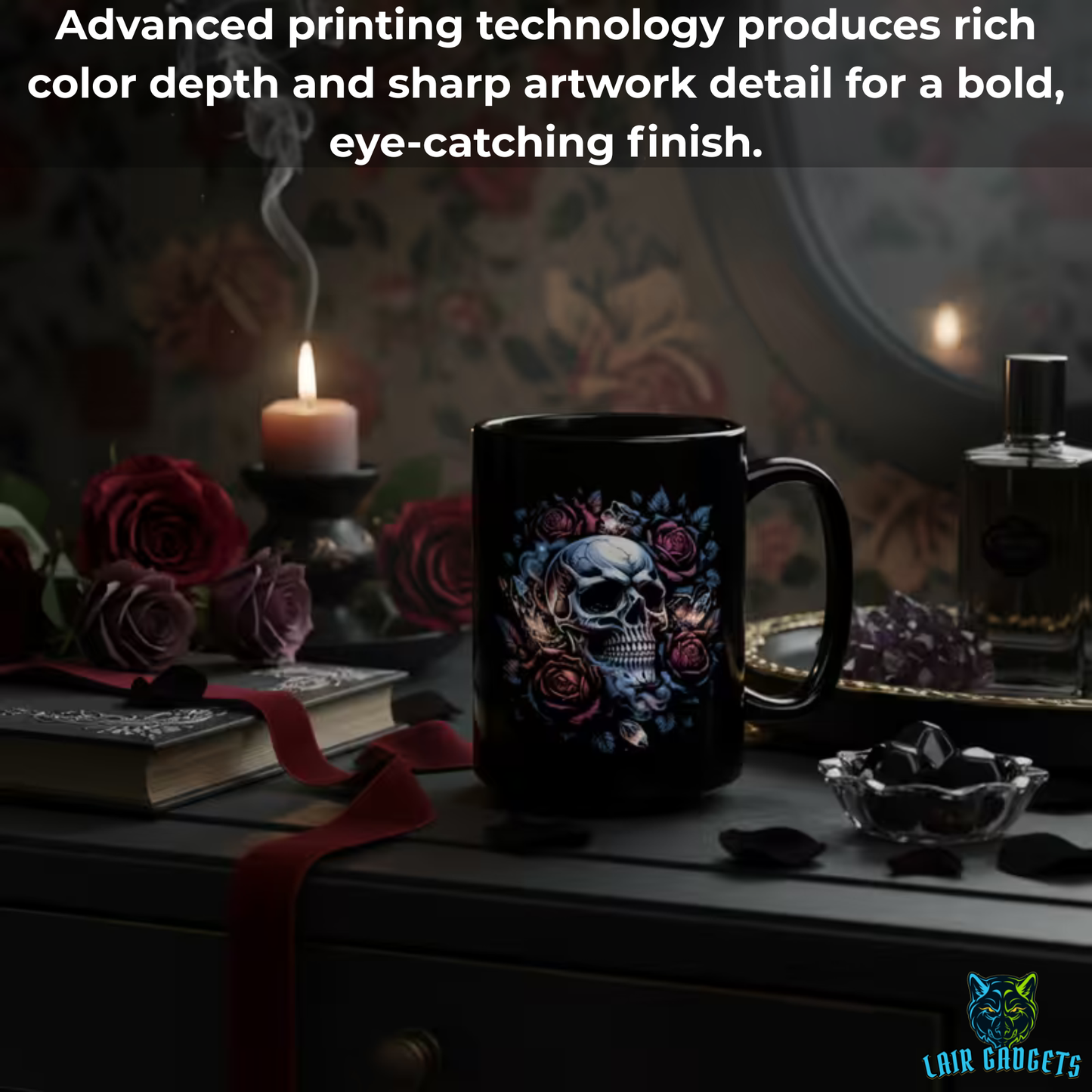 Skull Coffee Mug Rose Crystal Design Black Ceramic 15 Oz Gothic Gift by Lair Gadgets