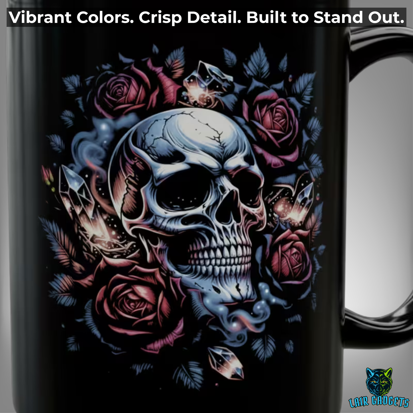 Skull Coffee Mug Rose Crystal Design Black Ceramic 15 Oz Gothic Gift by Lair Gadgets