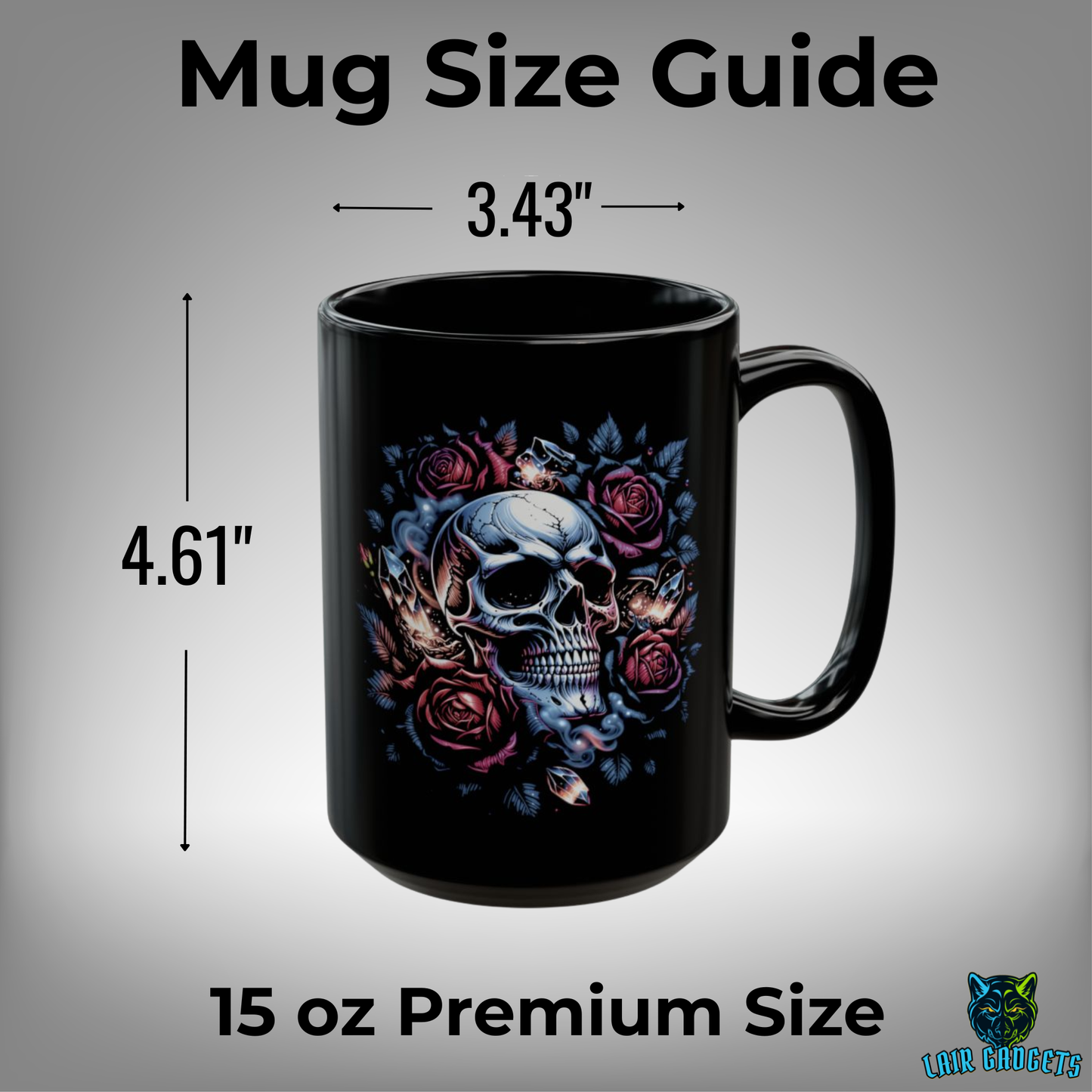 Skull Coffee Mug Rose Crystal Design Black Ceramic 15 Oz Gothic Gift by Lair Gadgets