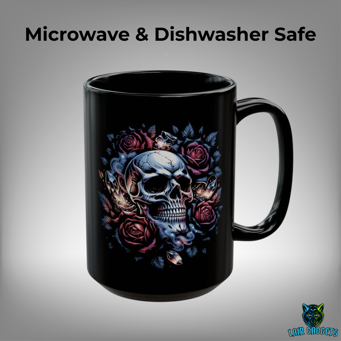 Skull Coffee Mug Rose Crystal Design Black Ceramic 15 Oz Gothic Gift by Lair Gadgets