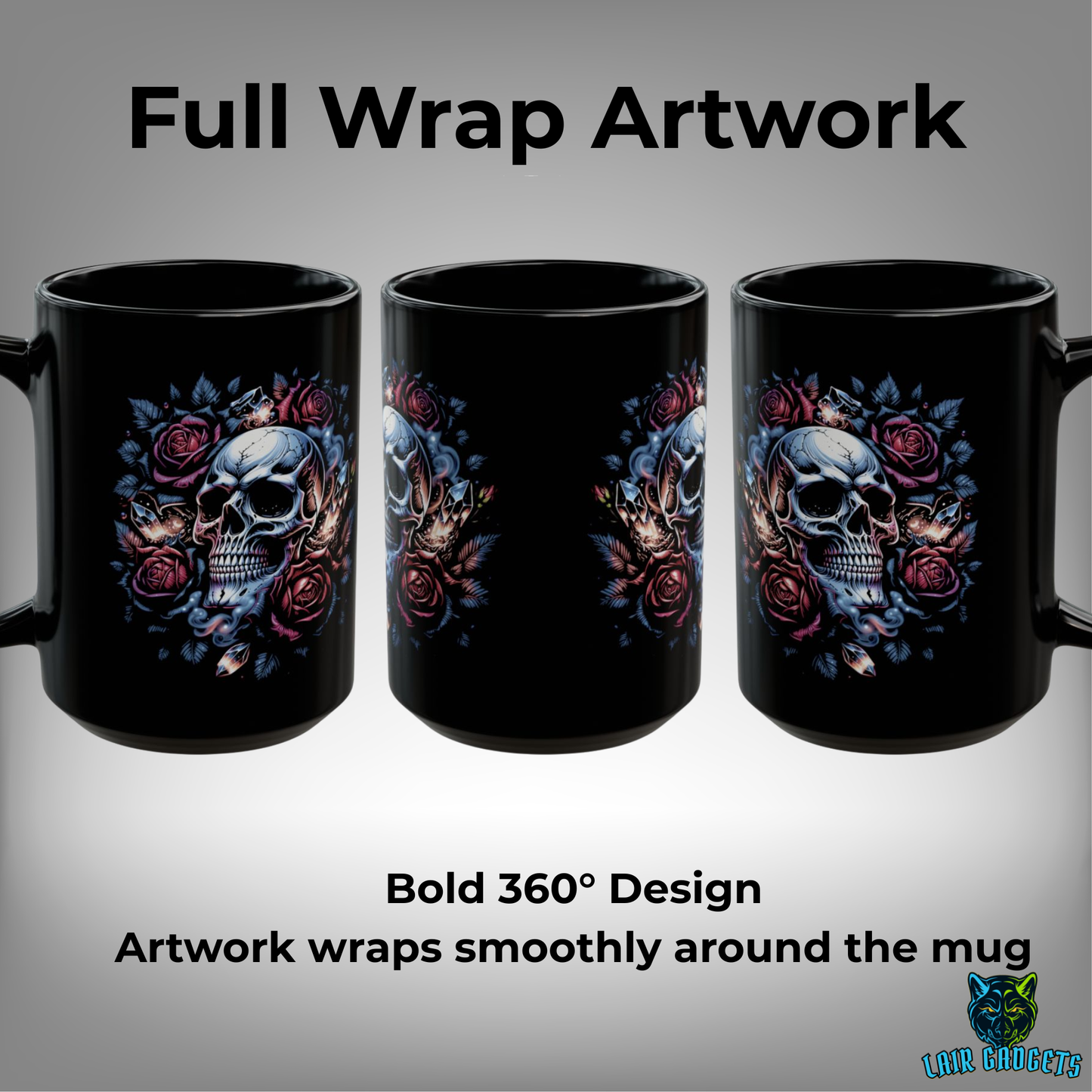 Skull Coffee Mug Rose Crystal Design Black Ceramic 15 Oz Gothic Gift by Lair Gadgets
