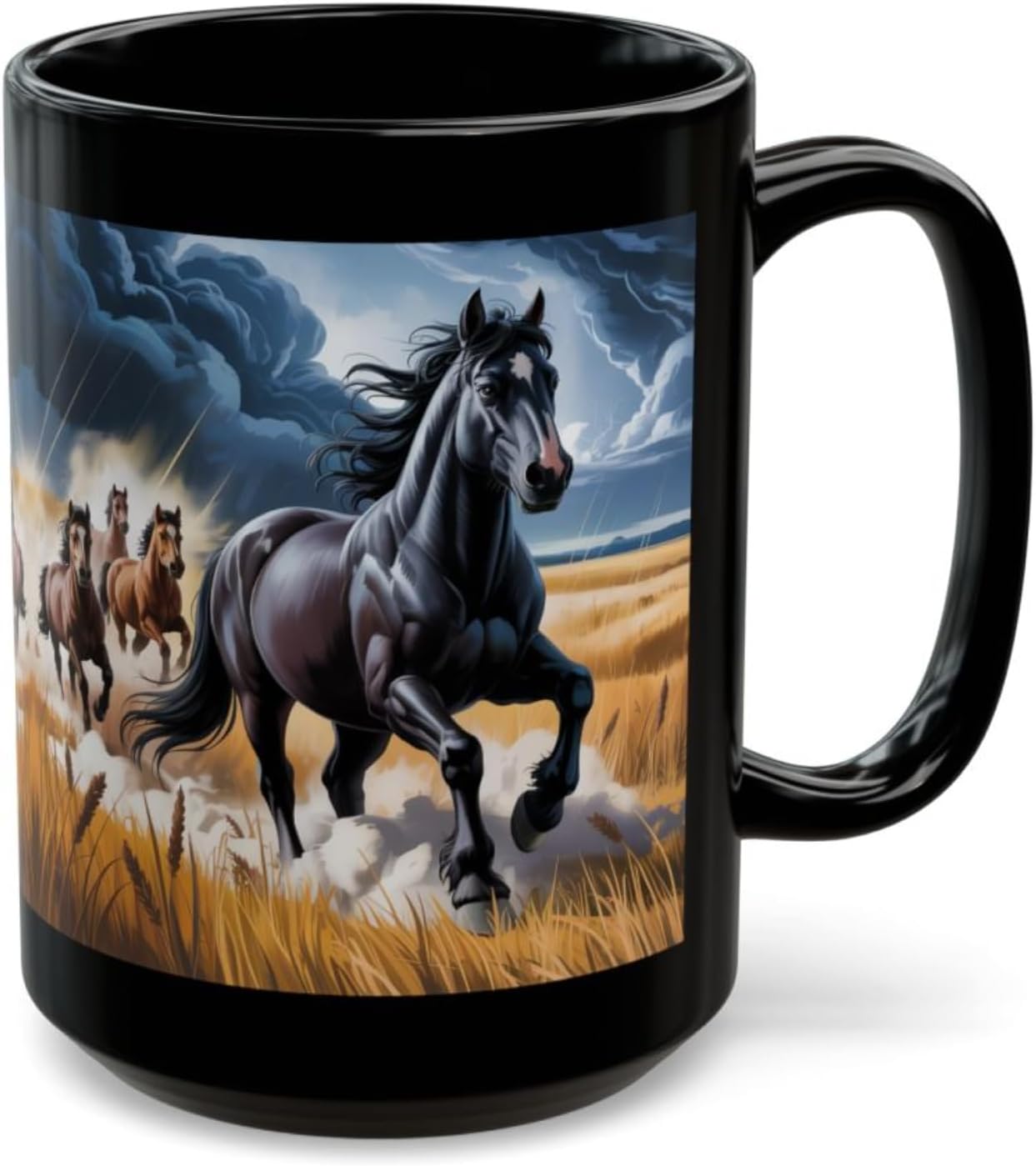 Horse Coffee Mug Running Stallion Herd Black Ceramic 15oz Gift for Horse Lovers by Lair Gadgets