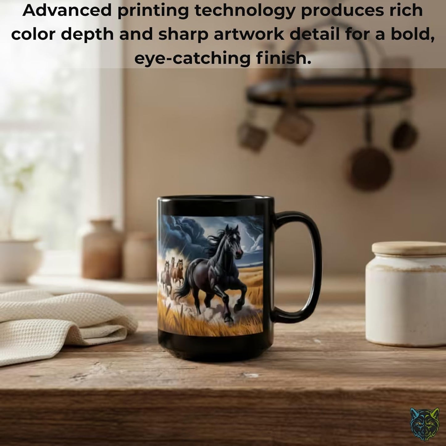 Horse Coffee Mug Running Stallion Herd Black Ceramic 15oz Gift for Horse Lovers by Lair Gadgets