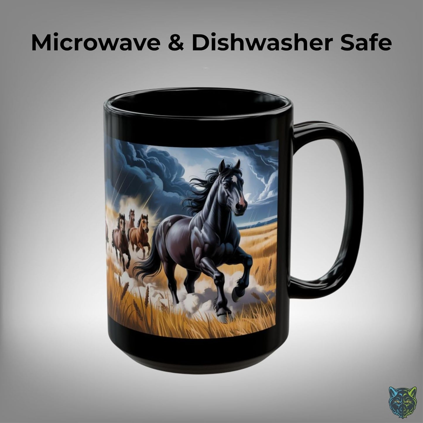 Horse Coffee Mug Running Stallion Herd Black Ceramic 15oz Gift for Horse Lovers by Lair Gadgets