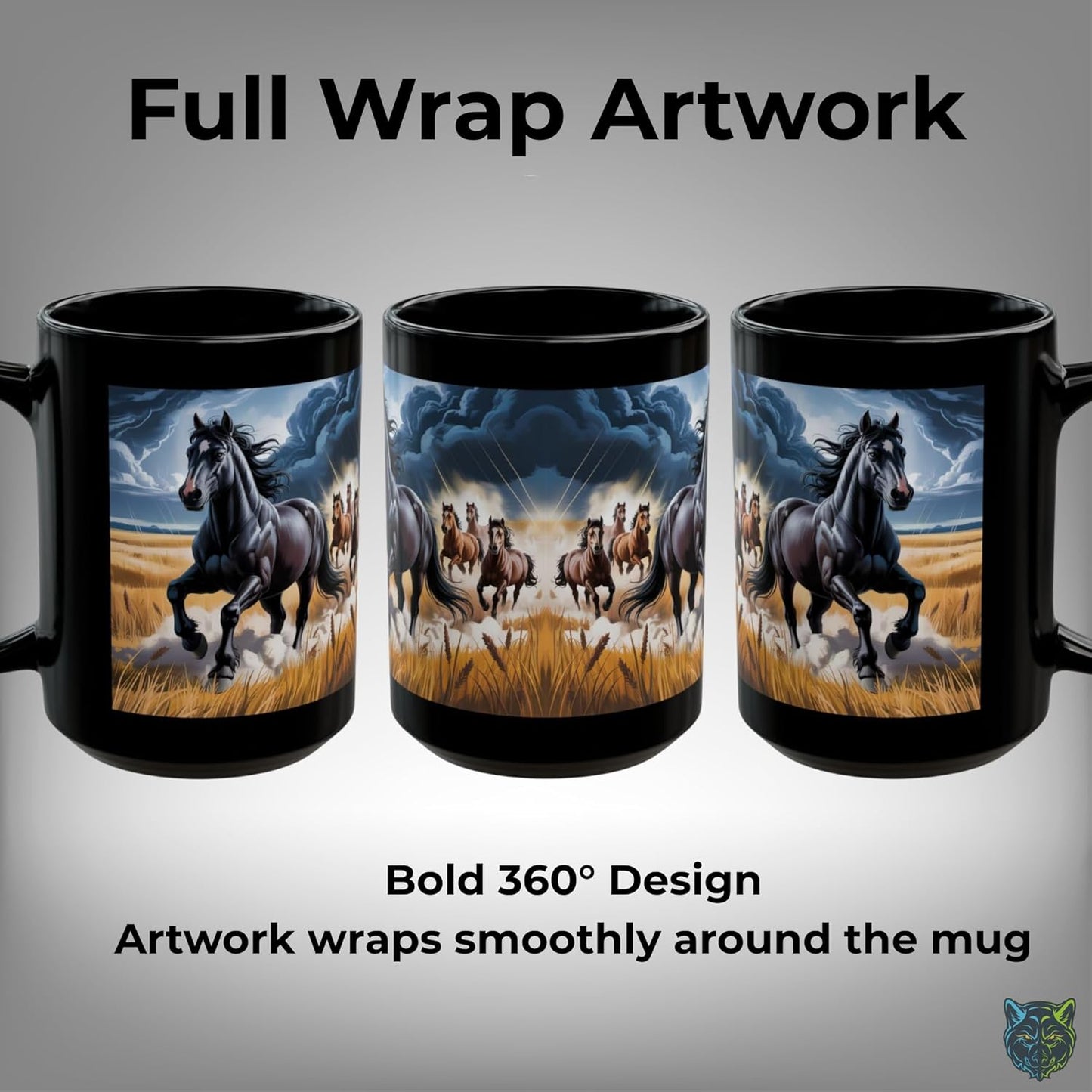 Horse Coffee Mug Running Stallion Herd Black Ceramic 15oz Gift for Horse Lovers by Lair Gadgets