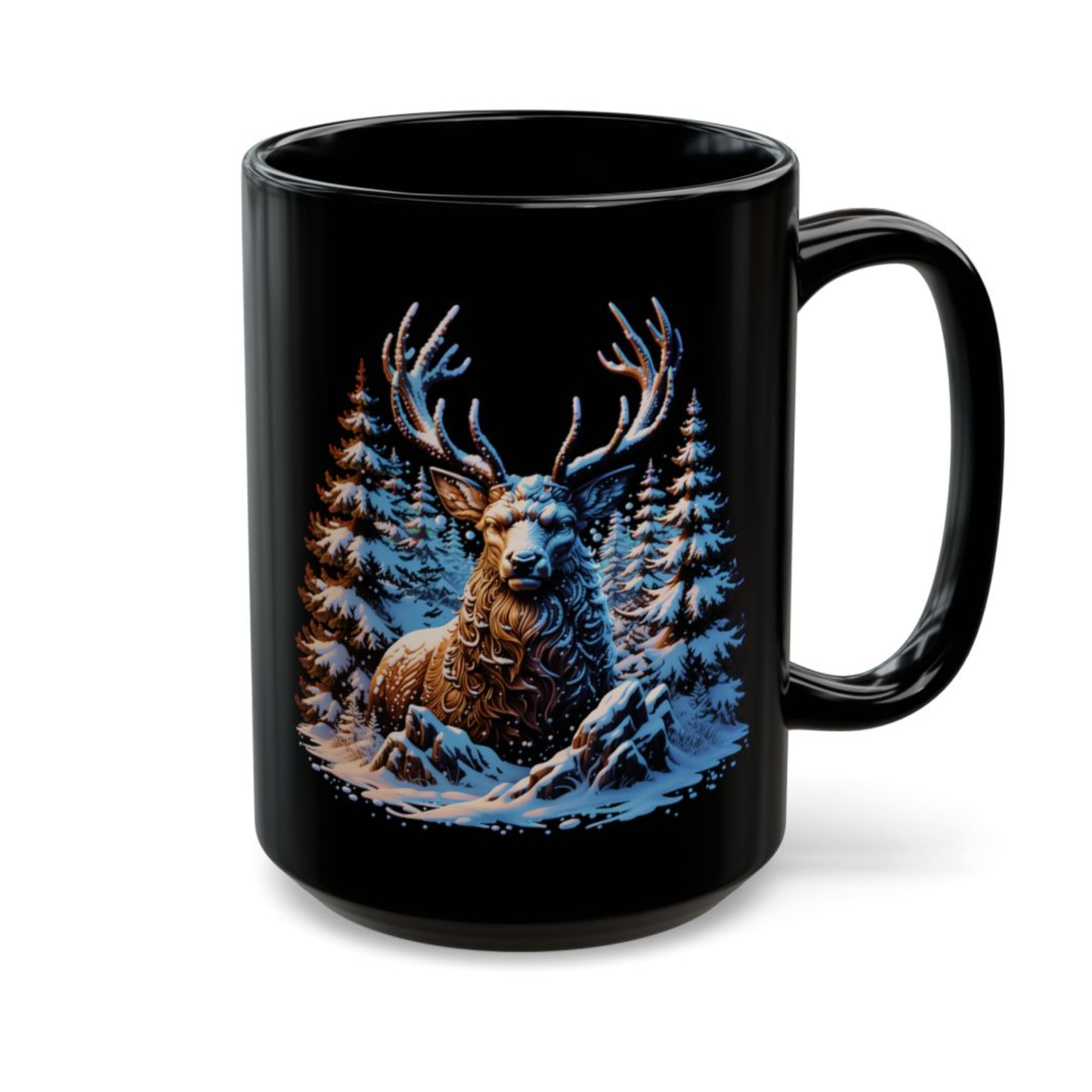 Winter Elk Mug – Black Ceramic Wildlife Coffee Mug for Cabin Decor and Nature Lovers – 15oz – by Lair Gadgets