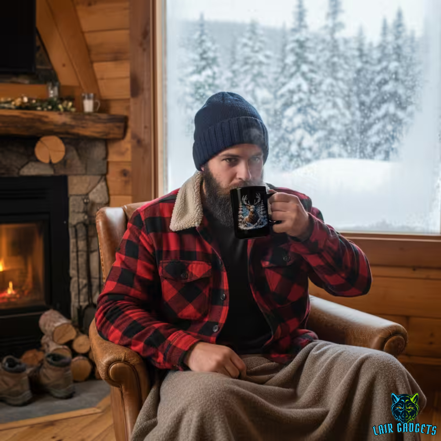Winter Elk Mug – Black Ceramic Wildlife Coffee Mug for Cabin Decor and Nature Lovers – 15oz – by Lair Gadgets