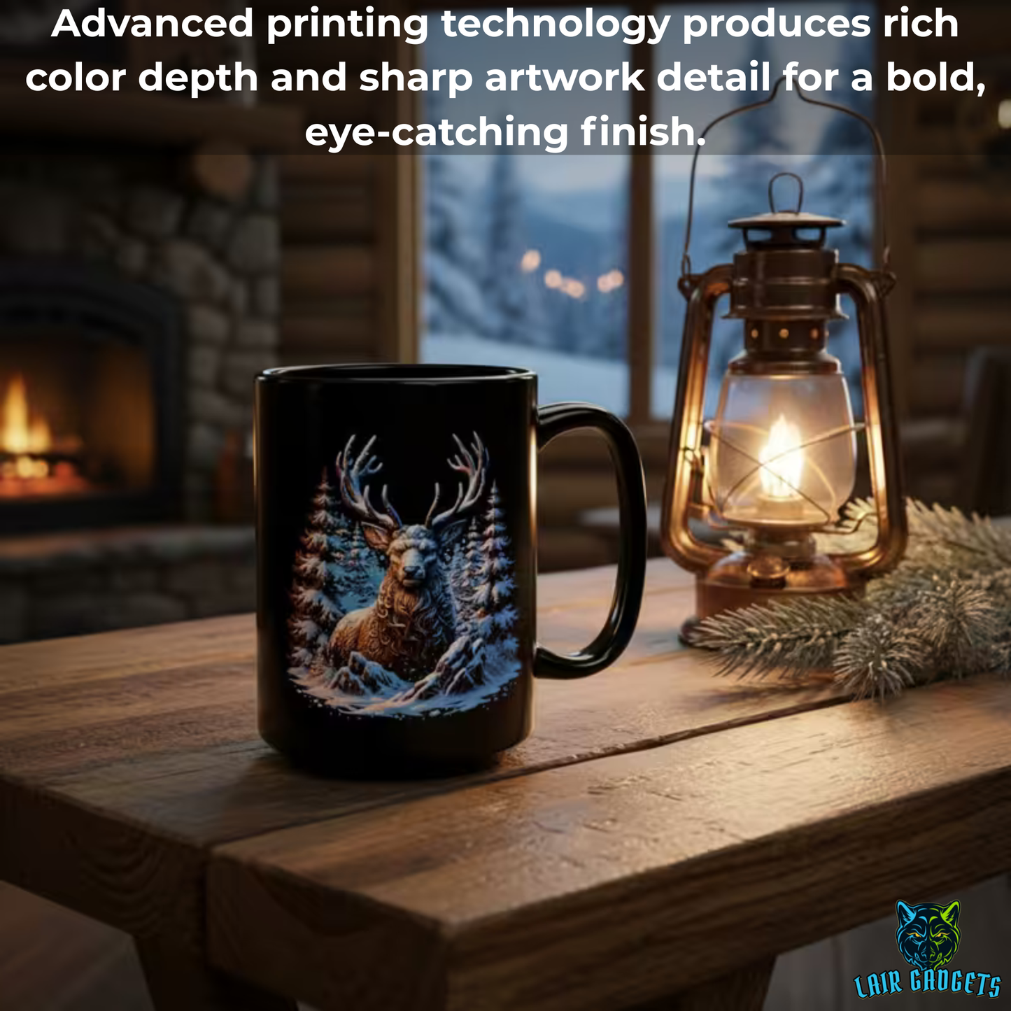 Winter Elk Mug – Black Ceramic Wildlife Coffee Mug for Cabin Decor and Nature Lovers – 15oz – by Lair Gadgets