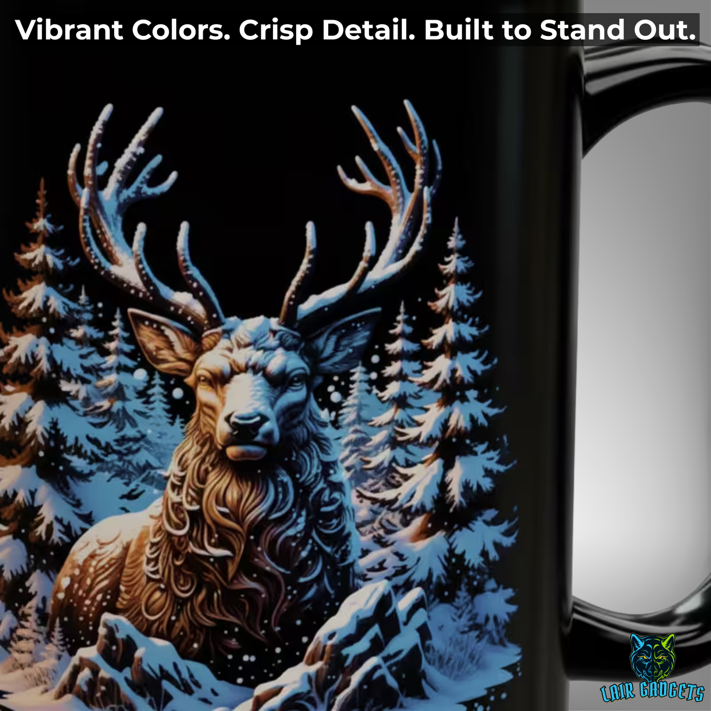 Winter Elk Mug – Black Ceramic Wildlife Coffee Mug for Cabin Decor and Nature Lovers – 15oz – by Lair Gadgets