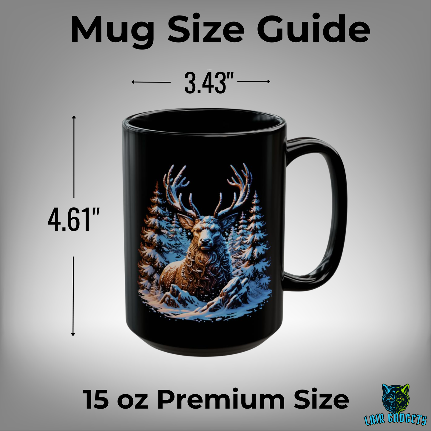 Winter Elk Mug – Black Ceramic Wildlife Coffee Mug for Cabin Decor and Nature Lovers – 15oz – by Lair Gadgets