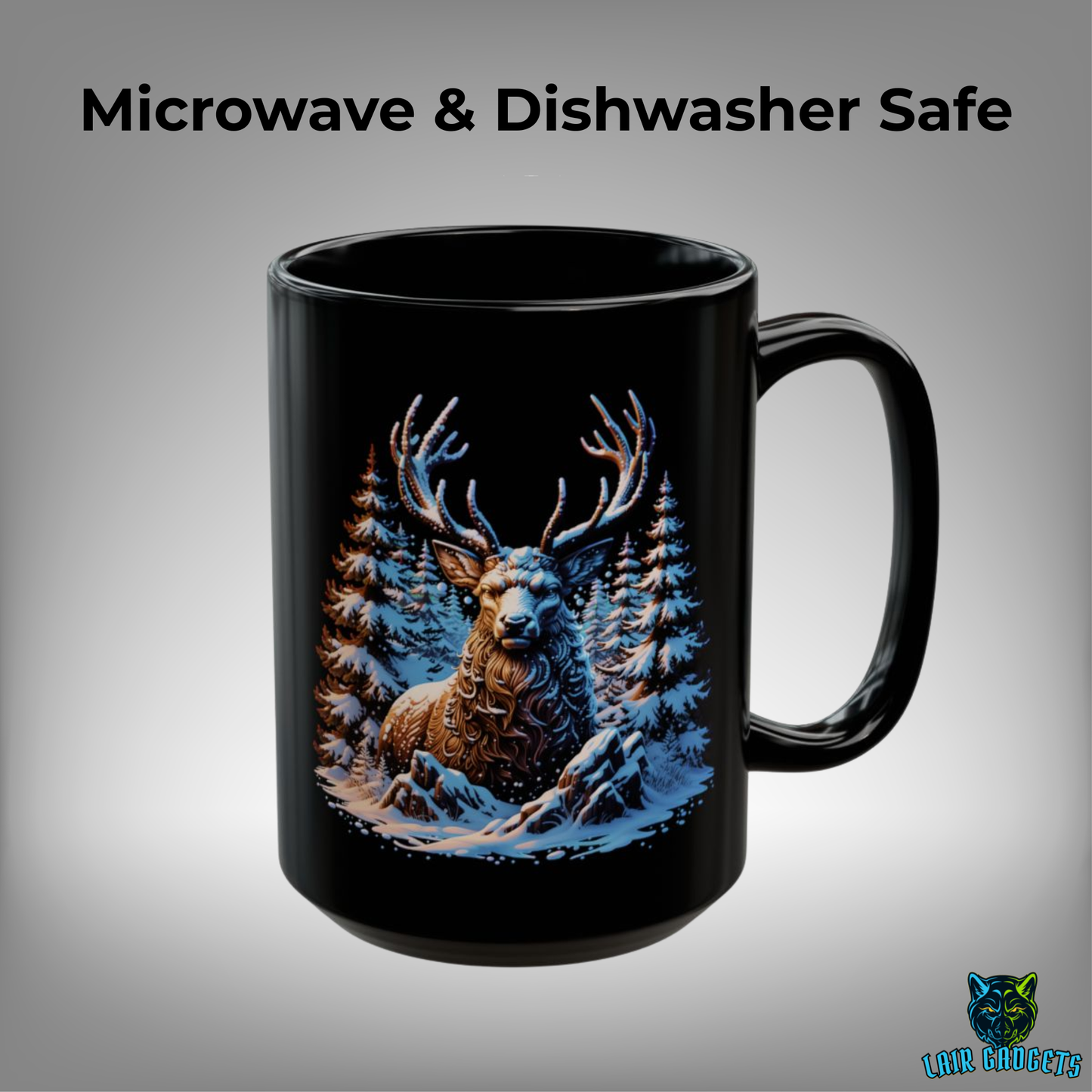 Winter Elk Mug – Black Ceramic Wildlife Coffee Mug for Cabin Decor and Nature Lovers – 15oz – by Lair Gadgets