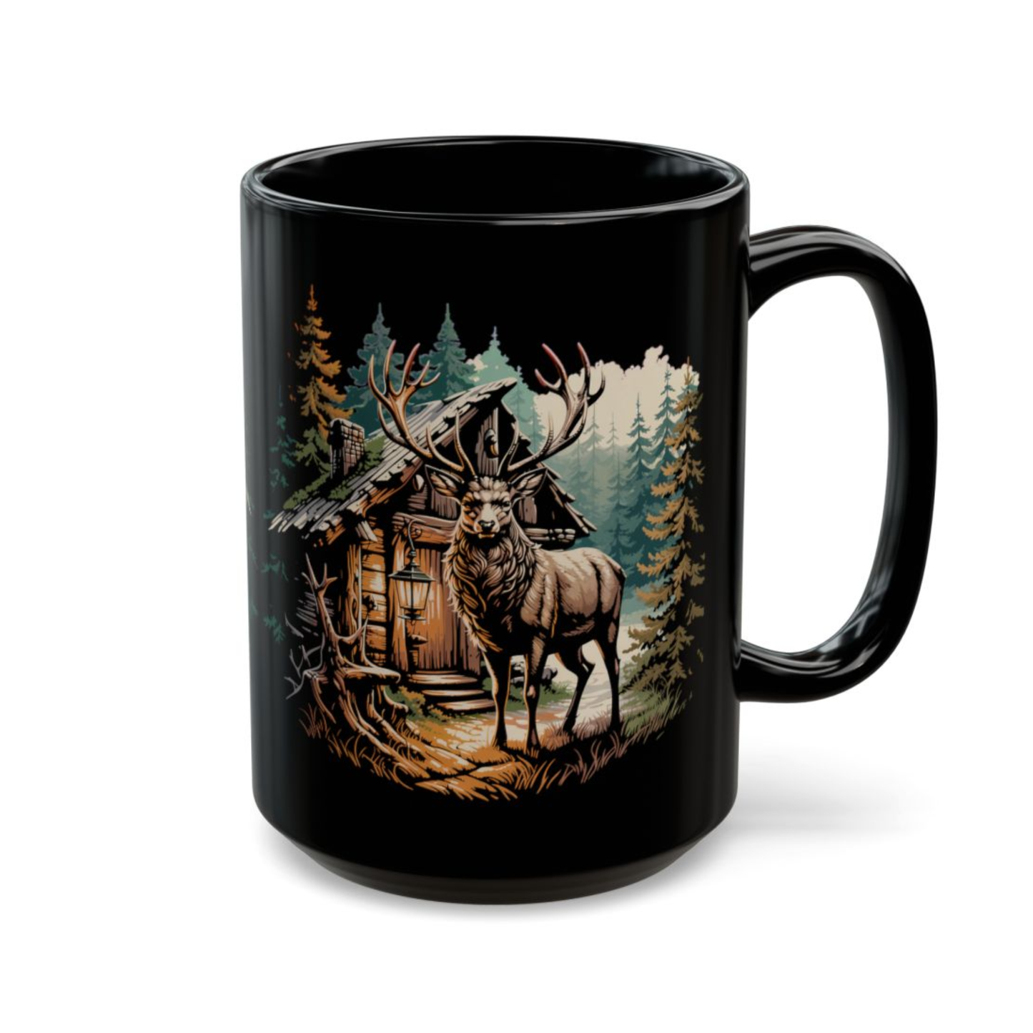 Rustic Elk Cabin Mug – Black Ceramic Wildlife Coffee Mug for Cabin Decor and Outdoorsmen – 15oz – by Lair Gadgets