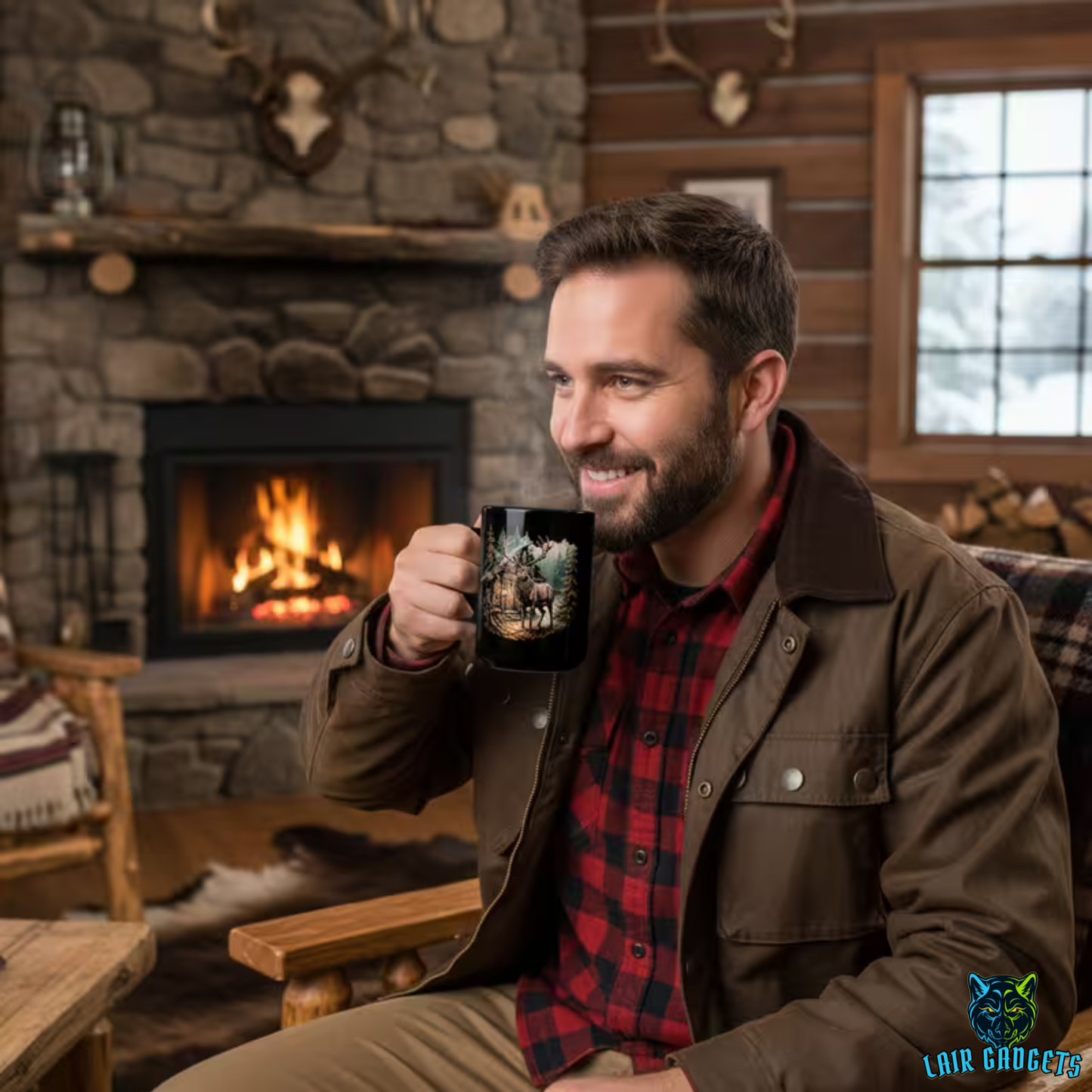 Rustic Elk Cabin Mug – Black Ceramic Wildlife Coffee Mug for Cabin Decor and Outdoorsmen – 15oz – by Lair Gadgets