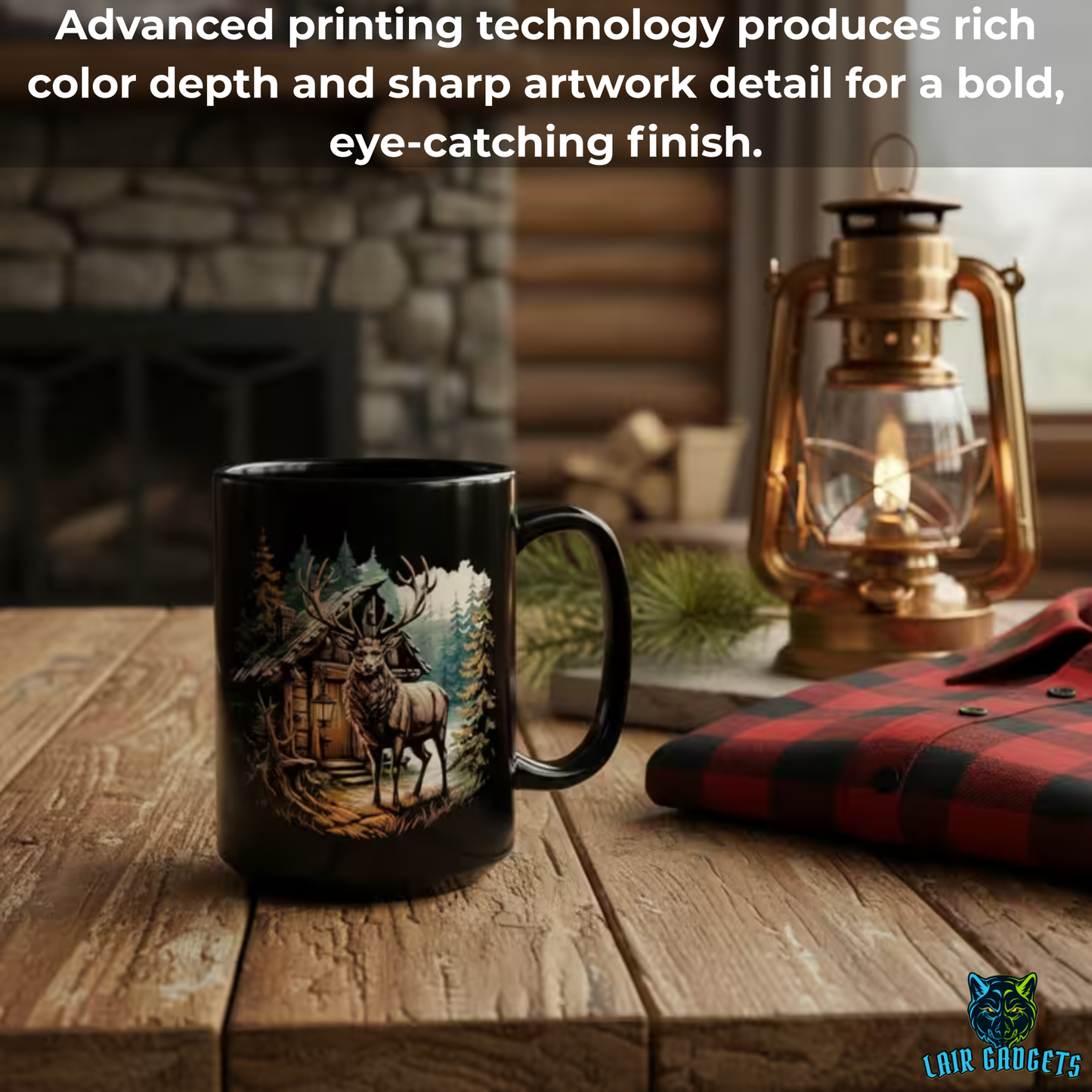 Rustic Elk Cabin Mug – Black Ceramic Wildlife Coffee Mug for Cabin Decor and Outdoorsmen – 15oz – by Lair Gadgets