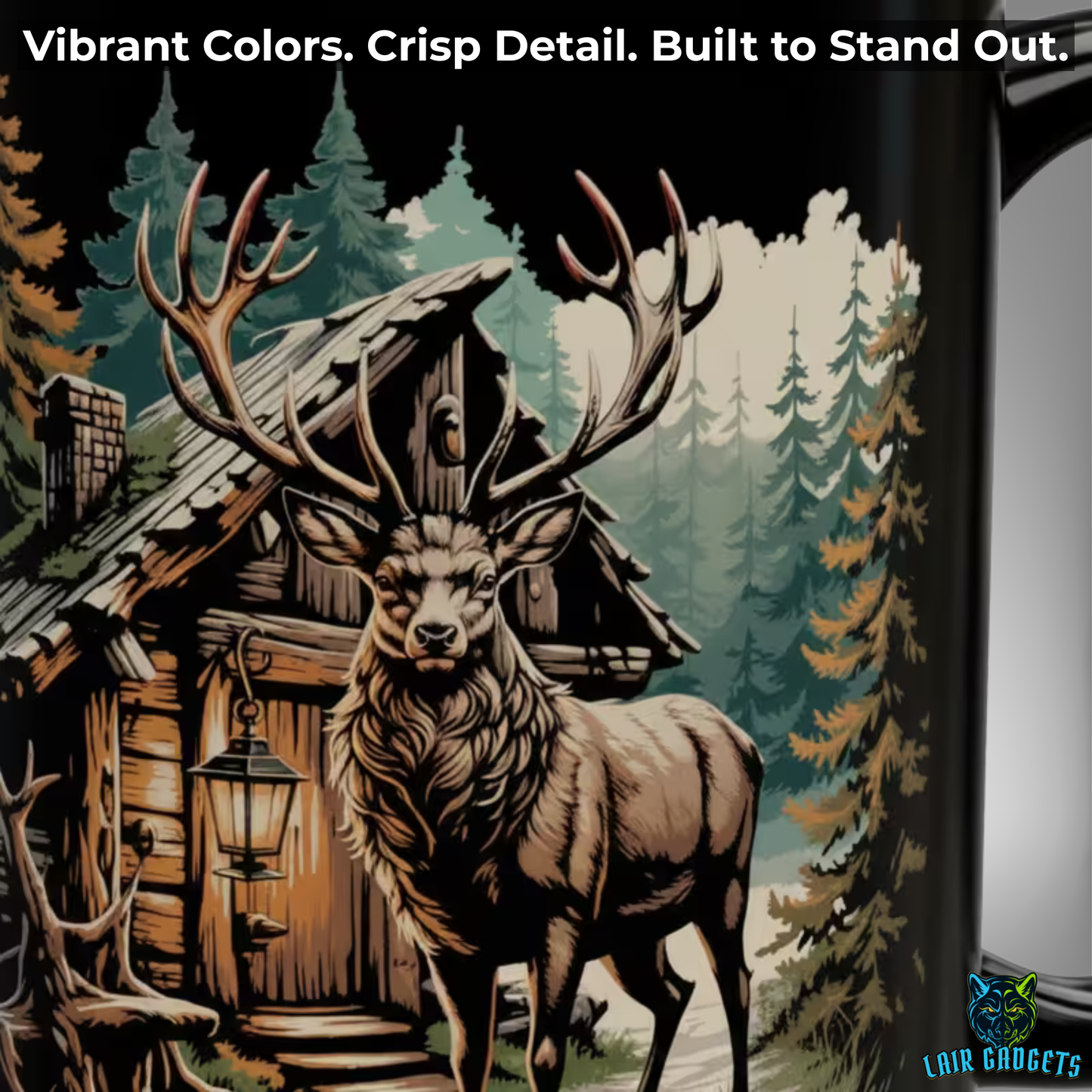 Rustic Elk Cabin Mug – Black Ceramic Wildlife Coffee Mug for Cabin Decor and Outdoorsmen – 15oz – by Lair Gadgets