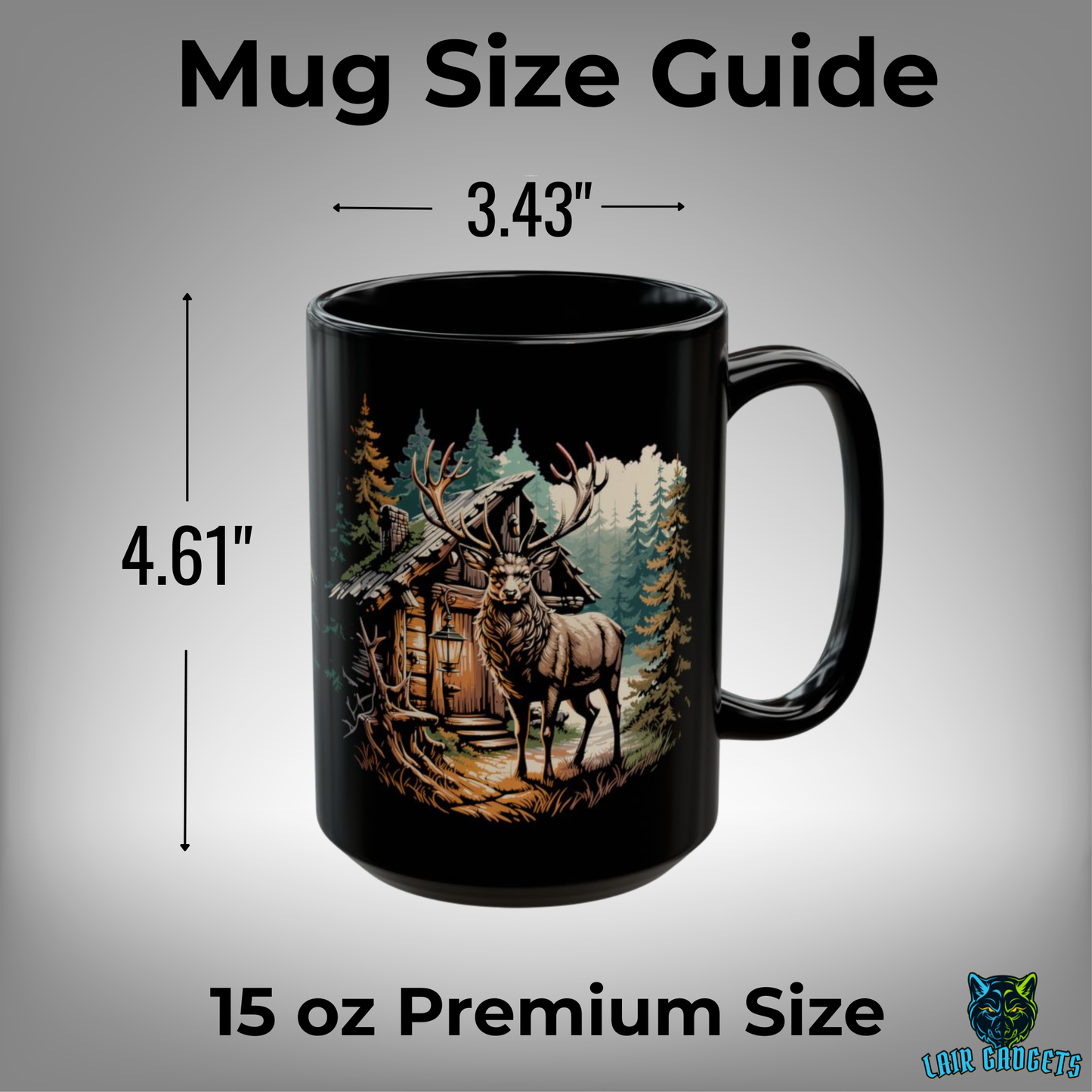 Rustic Elk Cabin Mug – Black Ceramic Wildlife Coffee Mug for Cabin Decor and Outdoorsmen – 15oz – by Lair Gadgets