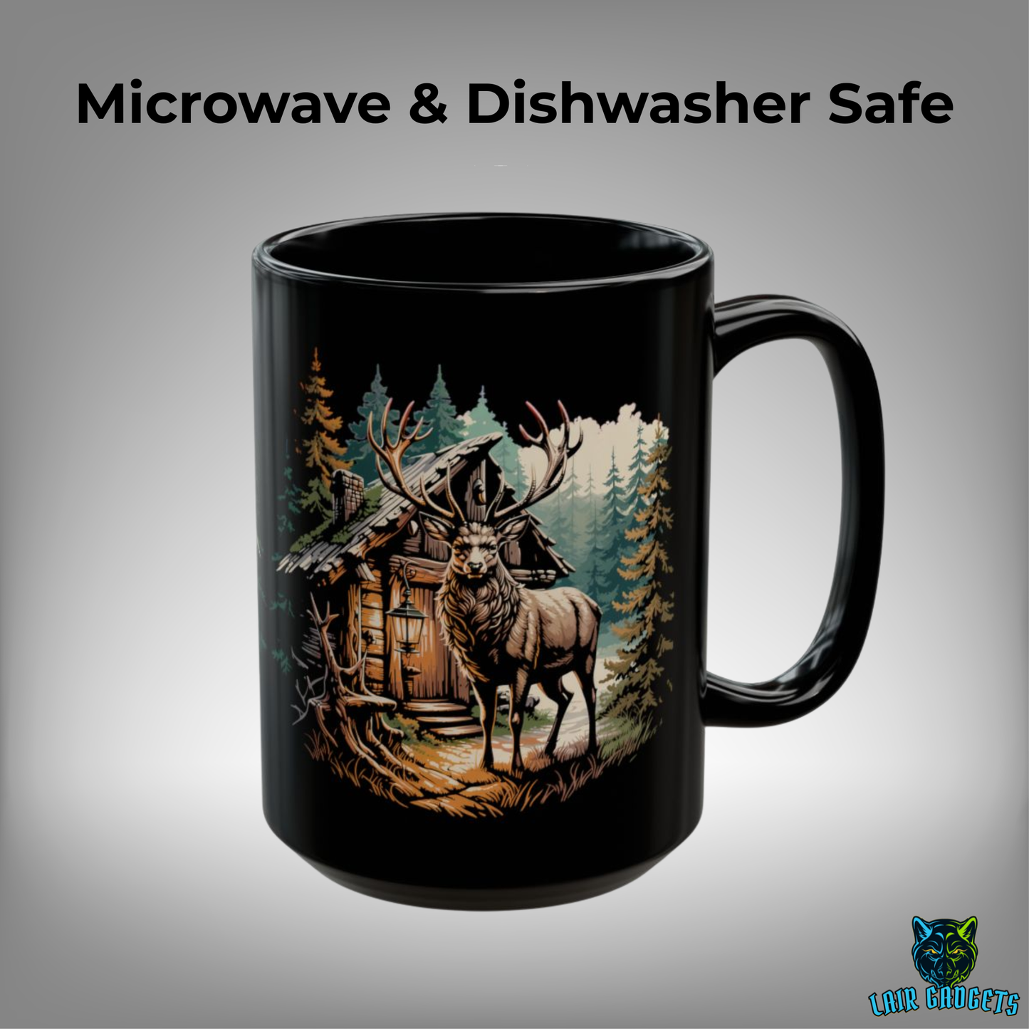 Rustic Elk Cabin Mug – Black Ceramic Wildlife Coffee Mug for Cabin Decor and Outdoorsmen – 15oz – by Lair Gadgets