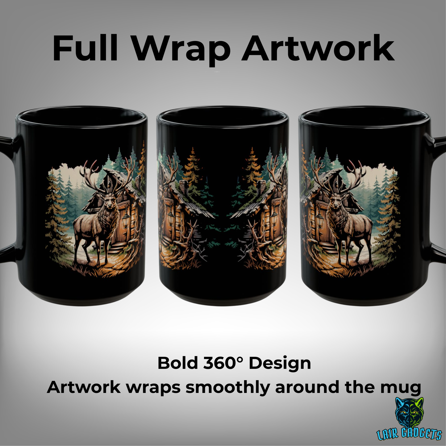 Rustic Elk Cabin Mug – Black Ceramic Wildlife Coffee Mug for Cabin Decor and Outdoorsmen – 15oz – by Lair Gadgets
