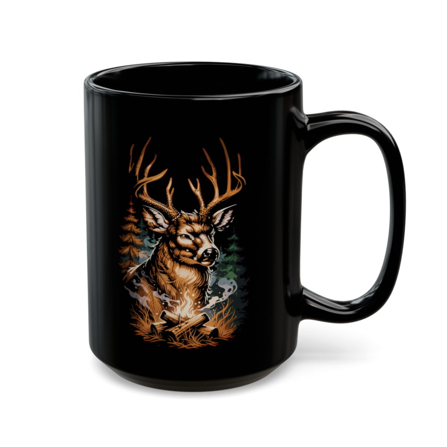 Camping Deer Mug – Black Ceramic Wilderness Coffee Mug for Outdoorsmen and Cabin Decor – 15oz – by Lair Gadgets