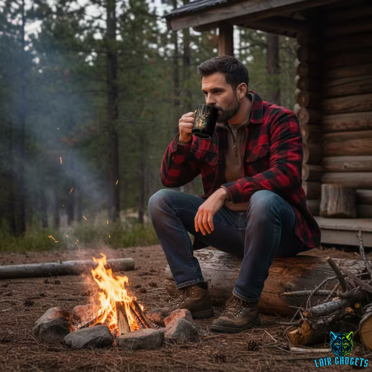 Camping Deer Mug – Black Ceramic Wilderness Coffee Mug for Outdoorsmen and Cabin Decor – 15oz – by Lair Gadgets