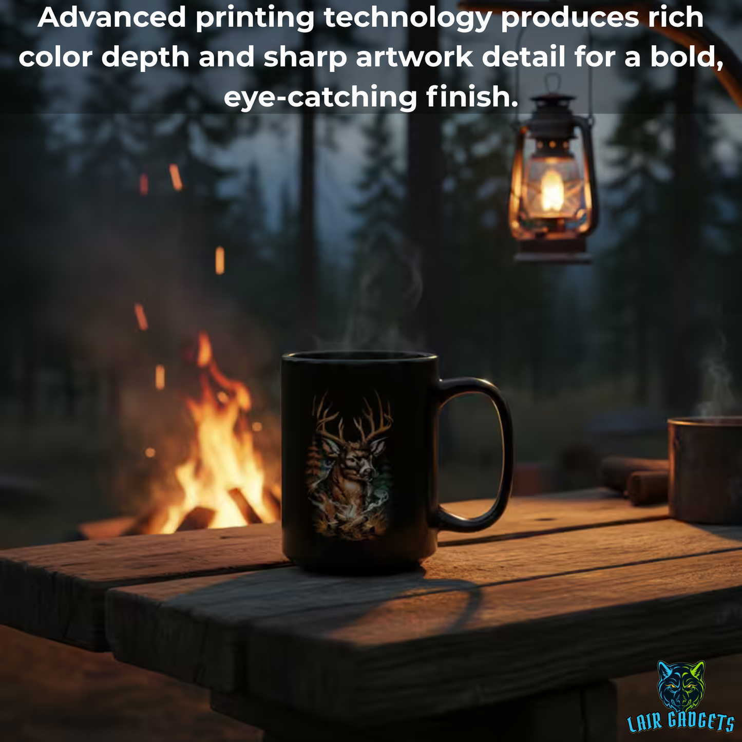 Camping Deer Mug – Black Ceramic Wilderness Coffee Mug for Outdoorsmen and Cabin Decor – 15oz – by Lair Gadgets