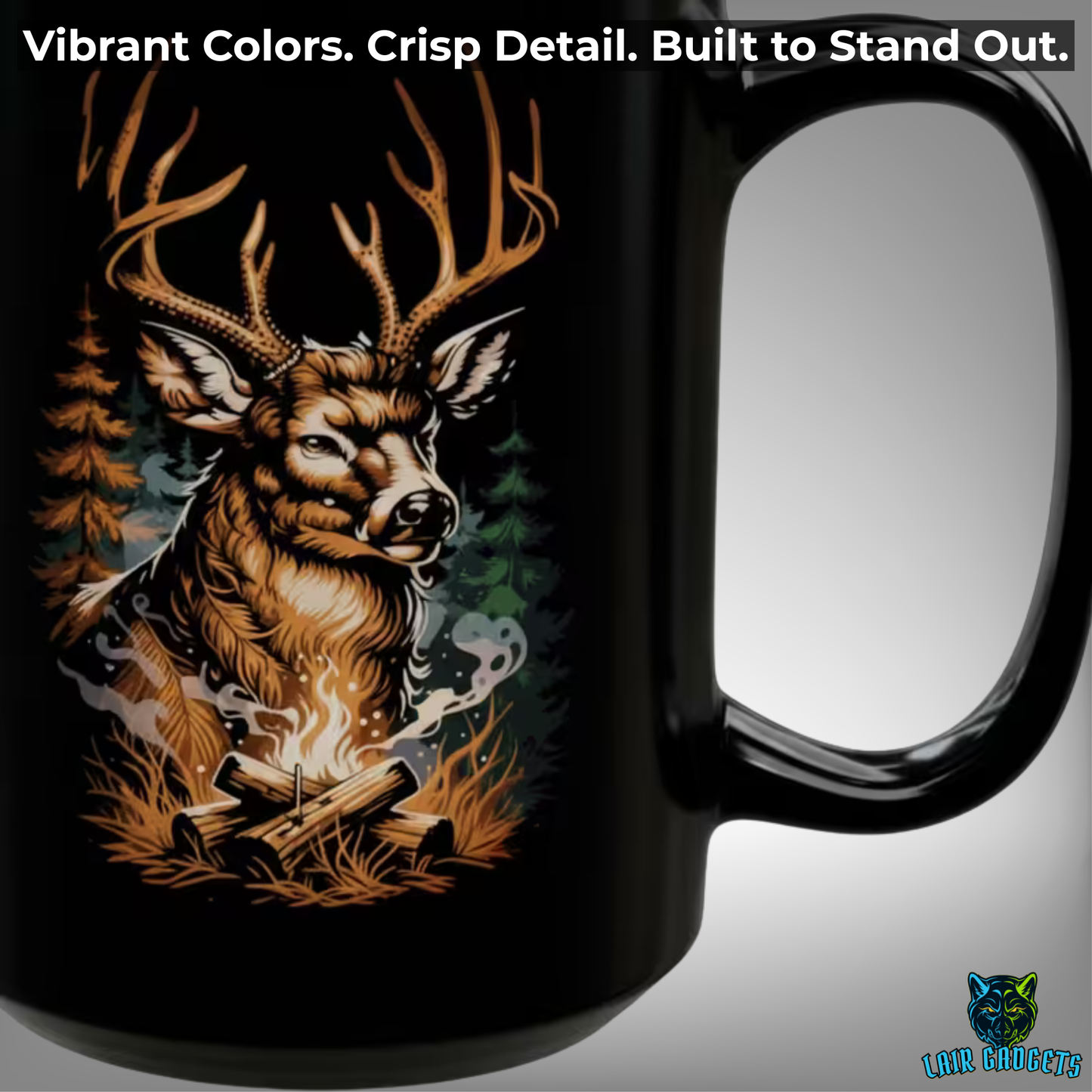 Camping Deer Mug – Black Ceramic Wilderness Coffee Mug for Outdoorsmen and Cabin Decor – 15oz – by Lair Gadgets
