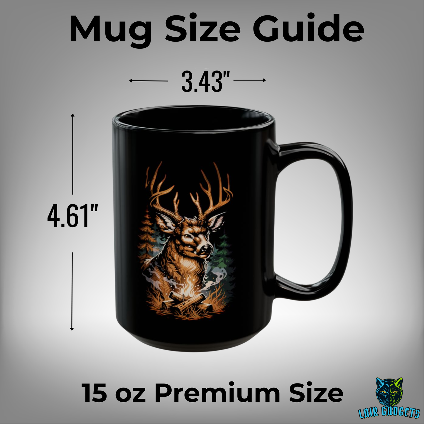 Camping Deer Mug – Black Ceramic Wilderness Coffee Mug for Outdoorsmen and Cabin Decor – 15oz – by Lair Gadgets