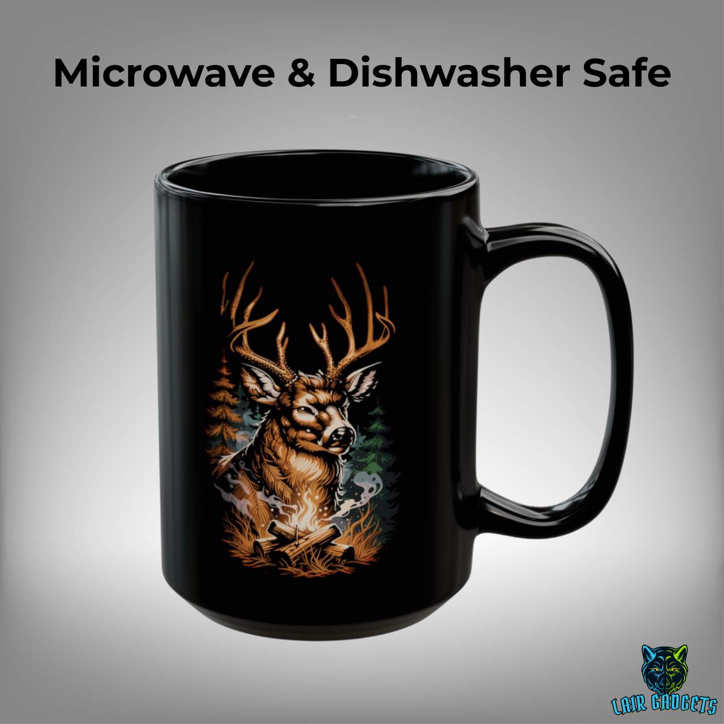 Camping Deer Mug – Black Ceramic Wilderness Coffee Mug for Outdoorsmen and Cabin Decor – 15oz – by Lair Gadgets
