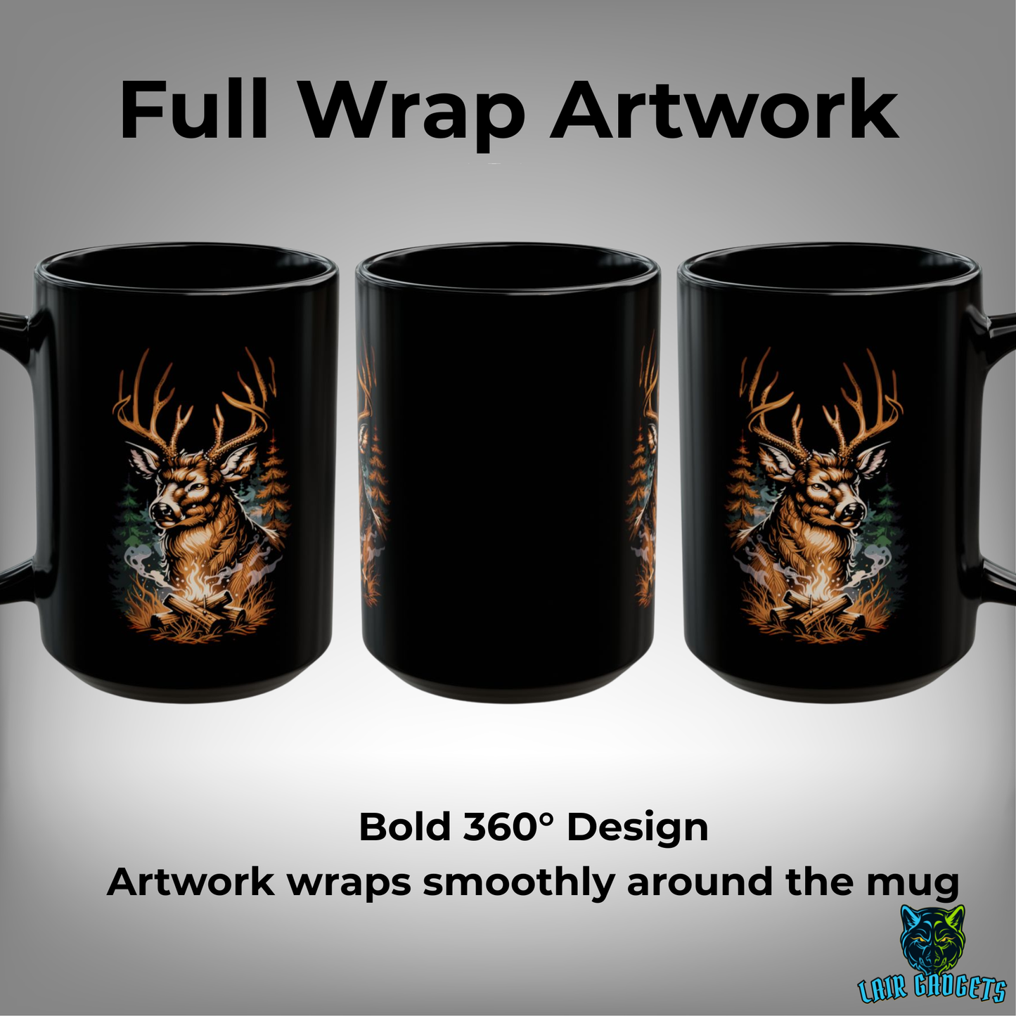 Camping Deer Mug – Black Ceramic Wilderness Coffee Mug for Outdoorsmen and Cabin Decor – 15oz – by Lair Gadgets