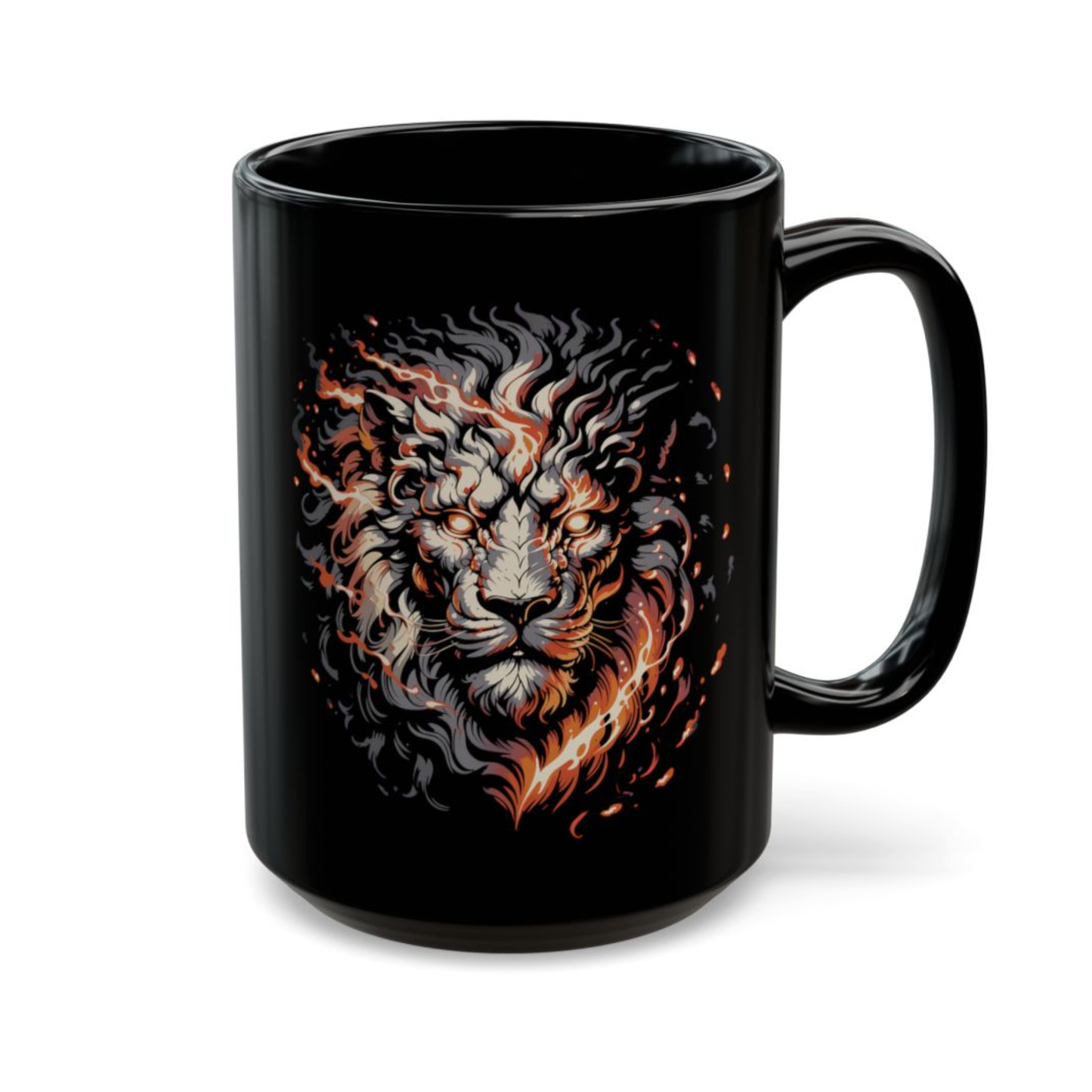 Fire Lion Mug – Black Ceramic Fantasy Lion Coffee Mug for Mythic Decor and Gamers – 15oz – by Lair Gadgets