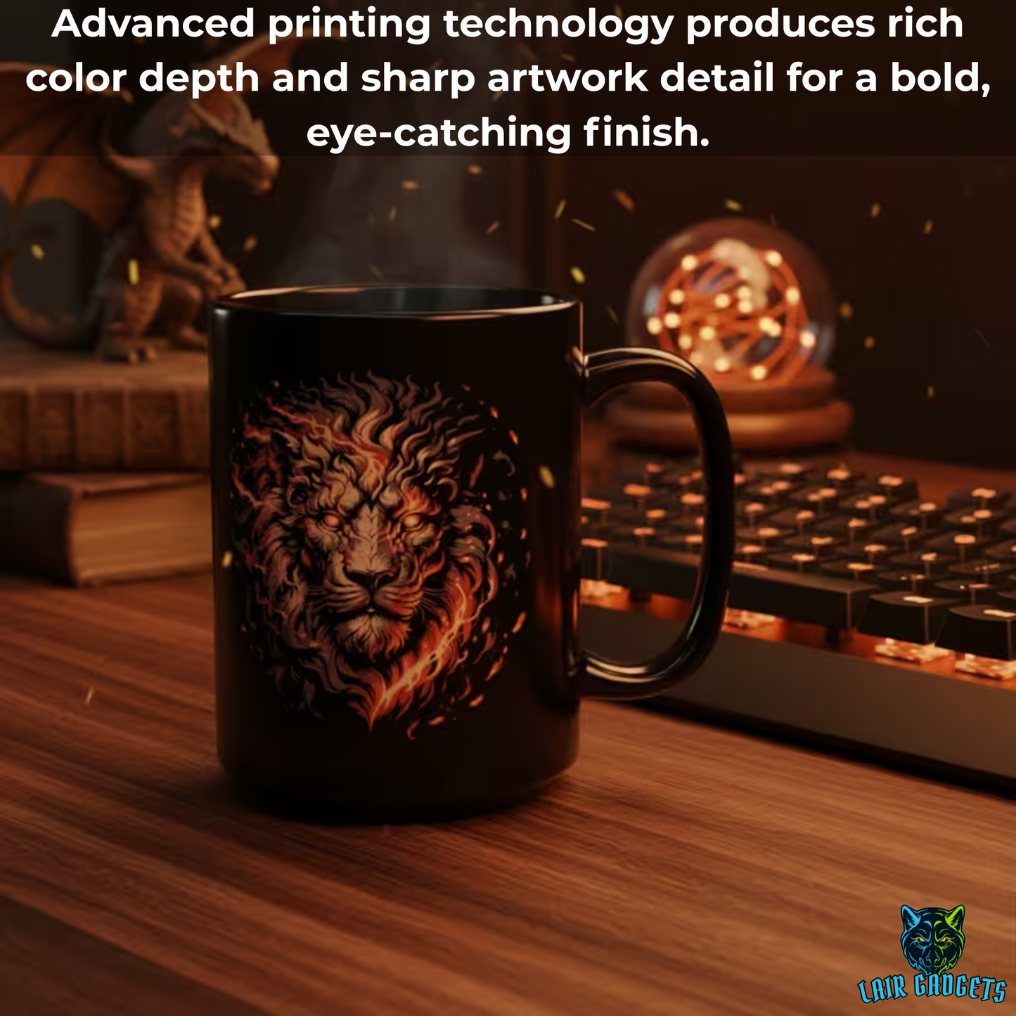 Fire Lion Mug – Black Ceramic Fantasy Lion Coffee Mug for Mythic Decor and Gamers – 15oz – by Lair Gadgets