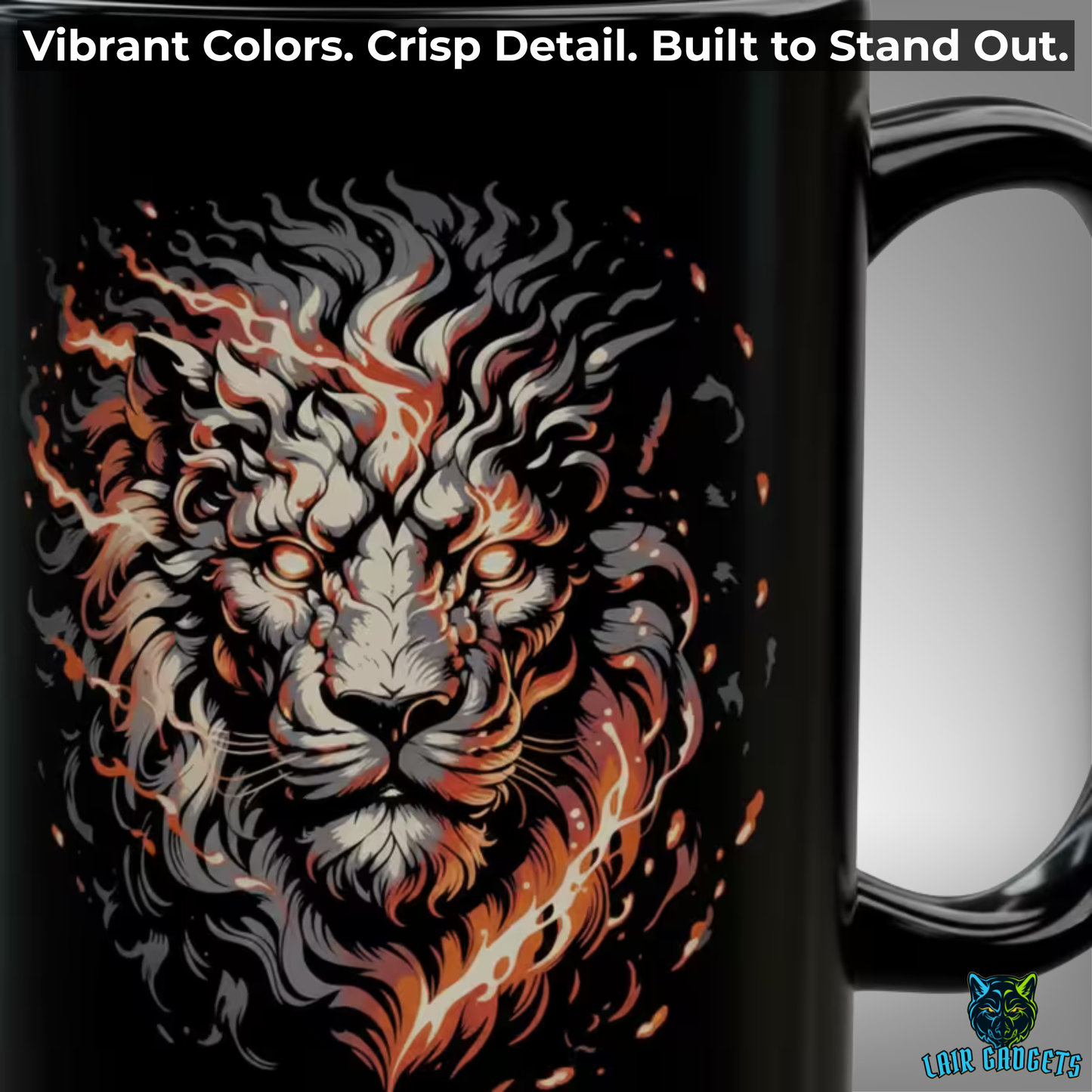 Fire Lion Mug – Black Ceramic Fantasy Lion Coffee Mug for Mythic Decor and Gamers – 15oz – by Lair Gadgets