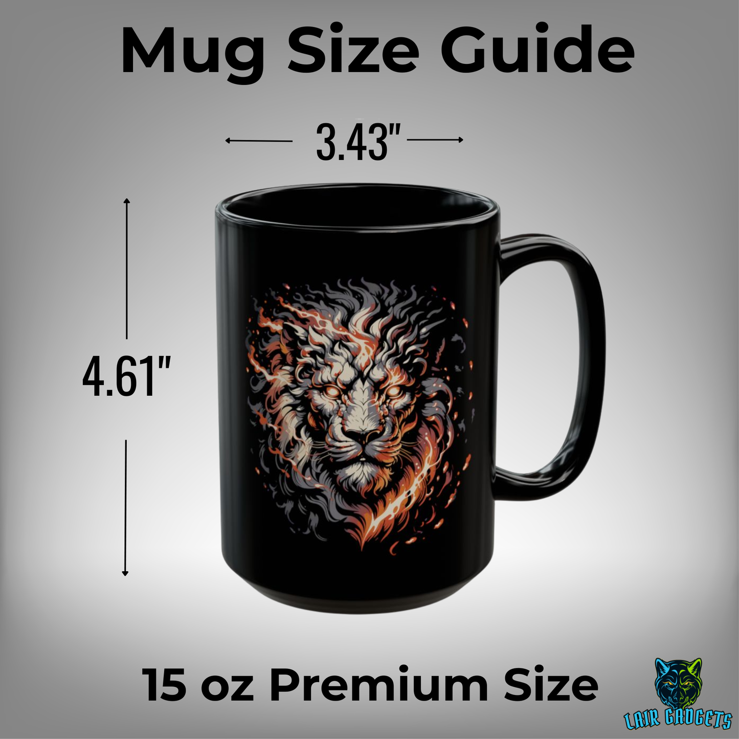 Fire Lion Mug – Black Ceramic Fantasy Lion Coffee Mug for Mythic Decor and Gamers – 15oz – by Lair Gadgets