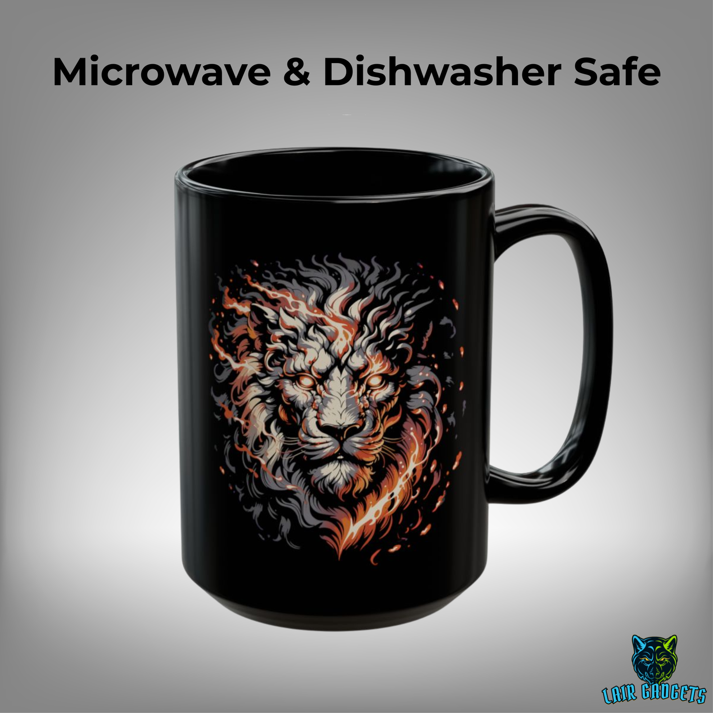 Fire Lion Mug – Black Ceramic Fantasy Lion Coffee Mug for Mythic Decor and Gamers – 15oz – by Lair Gadgets