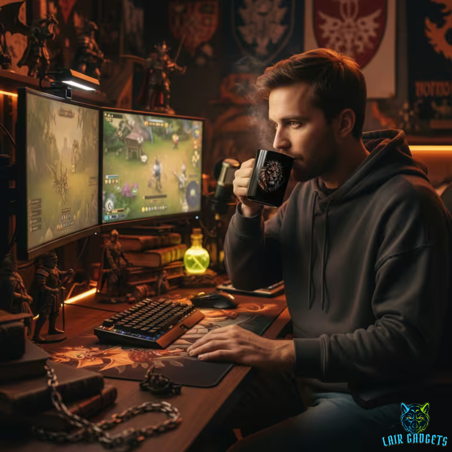 Fantasy Lion Mug – Black Ceramic Coffee Mug for Gamers and Mythic Decor Fans – 15oz – by Lair Gadgets