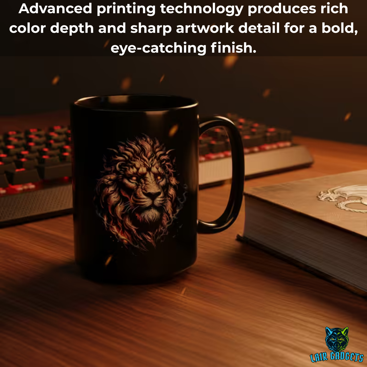 Fantasy Lion Mug – Black Ceramic Coffee Mug for Gamers and Mythic Decor Fans – 15oz – by Lair Gadgets