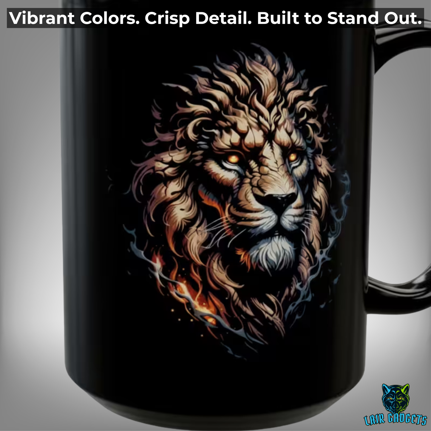 Fantasy Lion Mug – Black Ceramic Coffee Mug for Gamers and Mythic Decor Fans – 15oz – by Lair Gadgets
