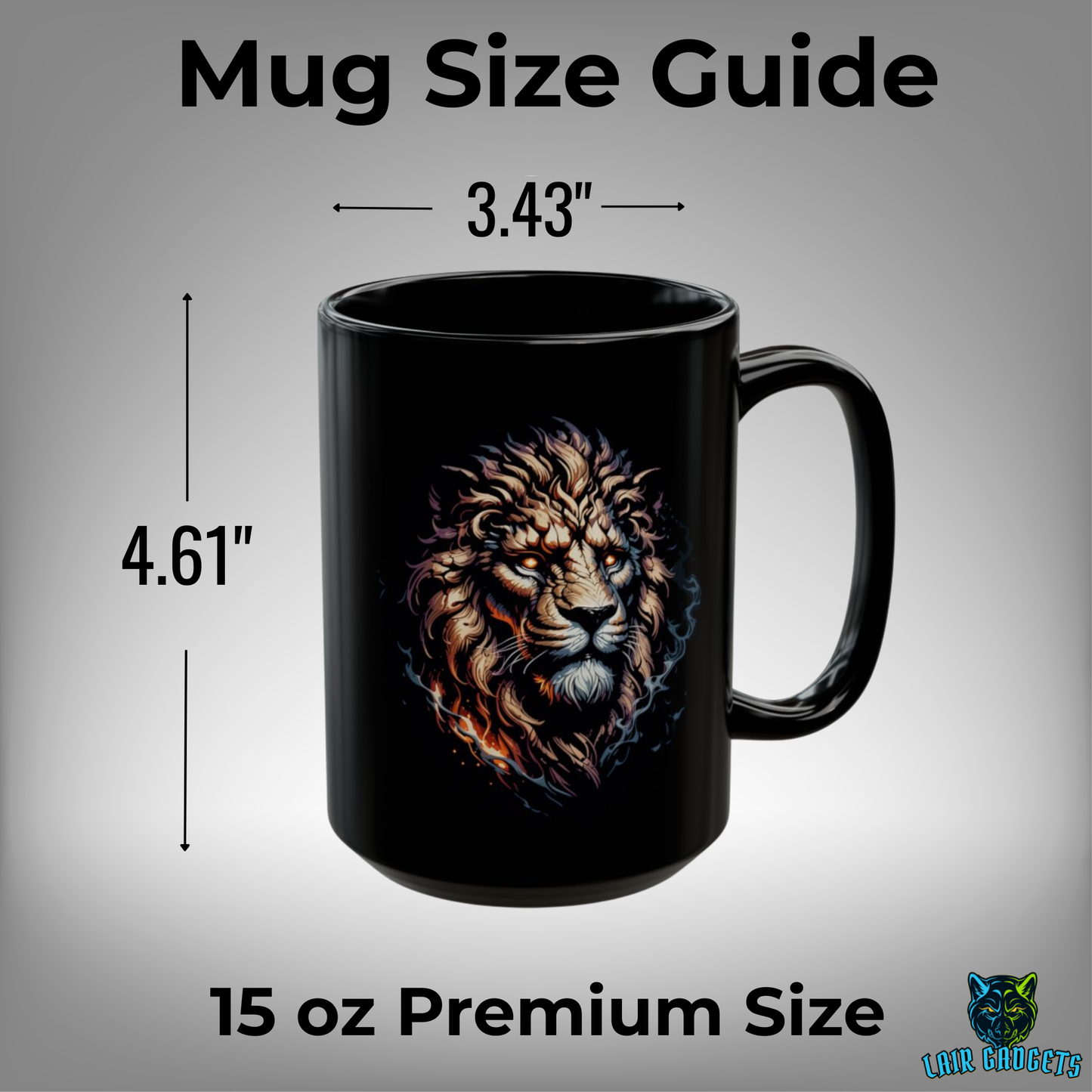 Fantasy Lion Mug – Black Ceramic Coffee Mug for Gamers and Mythic Decor Fans – 15oz – by Lair Gadgets