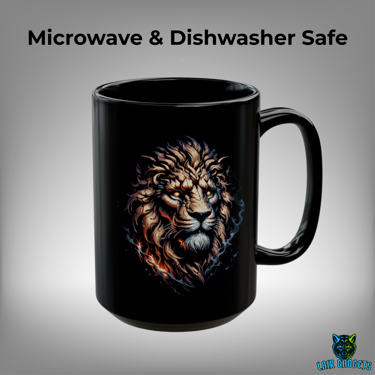 Fantasy Lion Mug – Black Ceramic Coffee Mug for Gamers and Mythic Decor Fans – 15oz – by Lair Gadgets