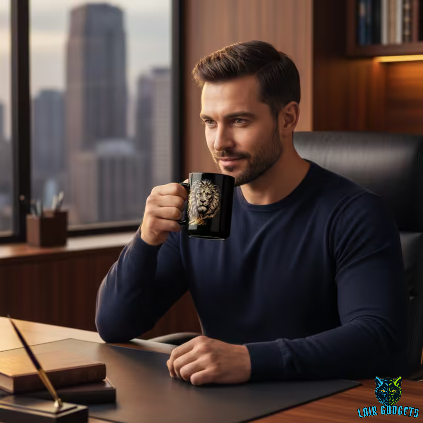 Lion Coffee Mug – Black Ceramic Mug for Men and Office Desk Decor – 15oz – by Lair Gadgets