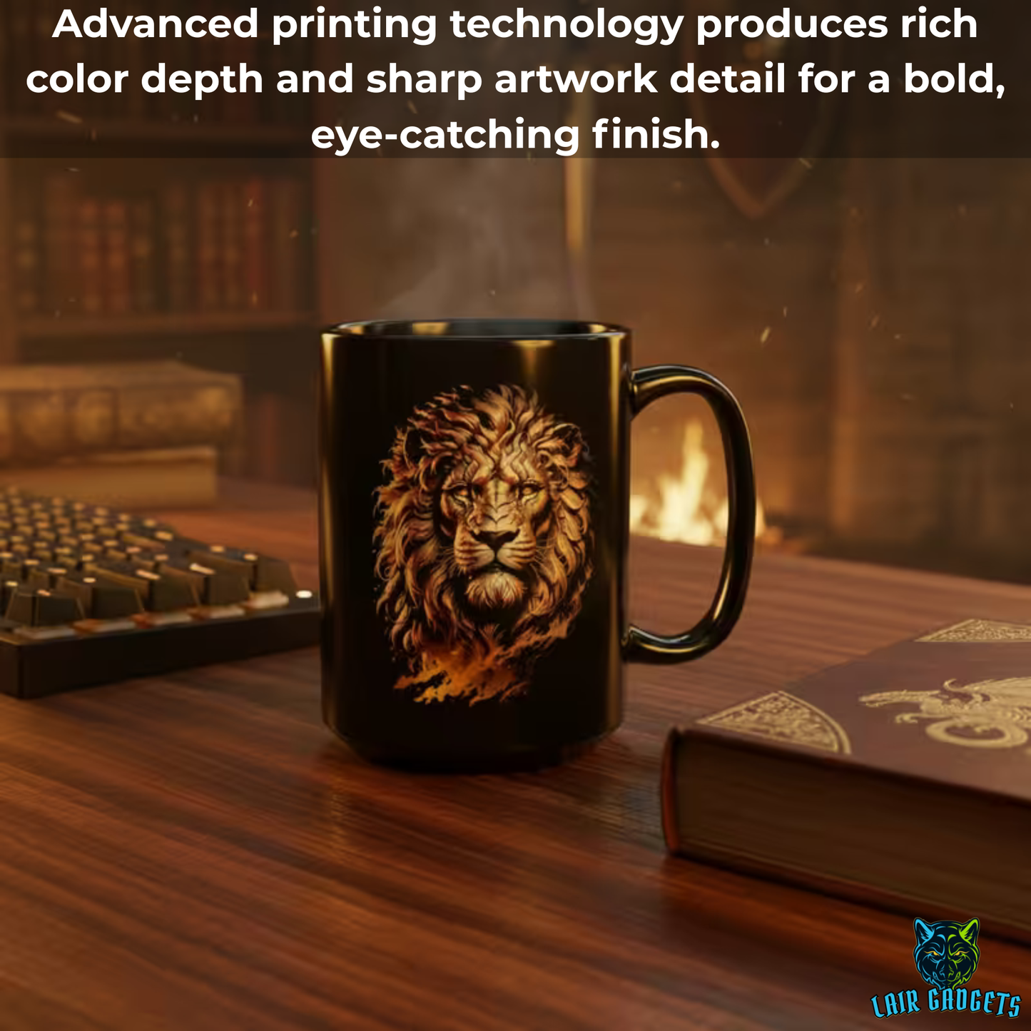 Lion Coffee Mug – Black Ceramic Mug for Men and Office Desk Decor – 15oz – by Lair Gadgets