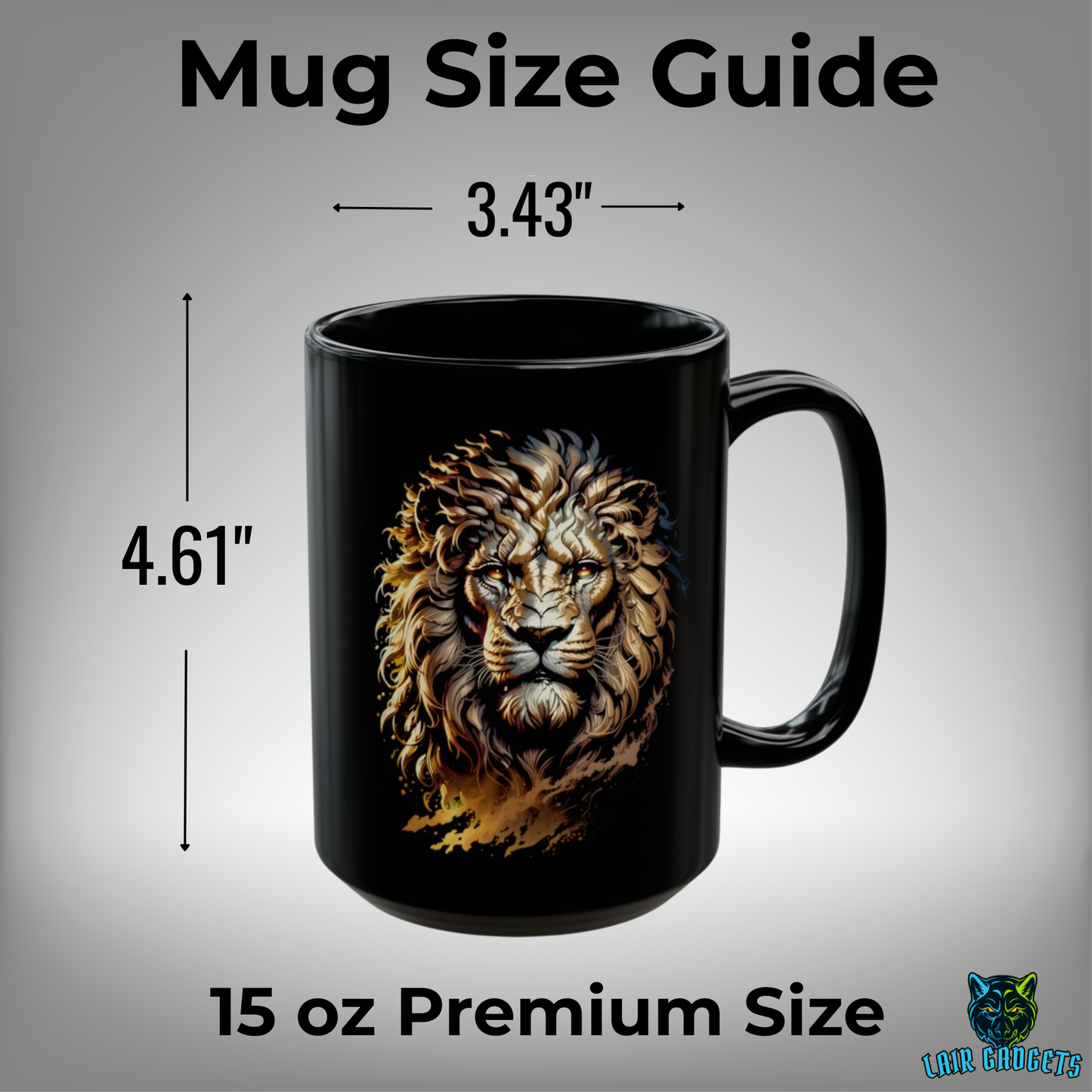 Lion Coffee Mug – Black Ceramic Mug for Men and Office Desk Decor – 15oz – by Lair Gadgets