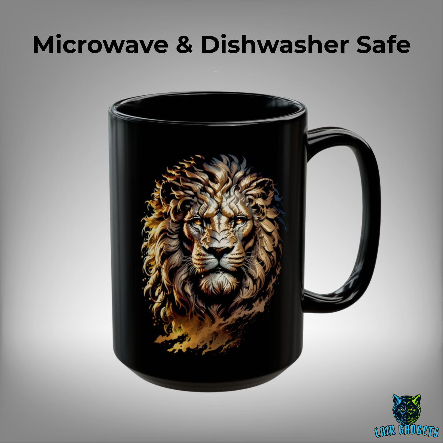 Lion Coffee Mug – Black Ceramic Mug for Men and Office Desk Decor – 15oz – by Lair Gadgets