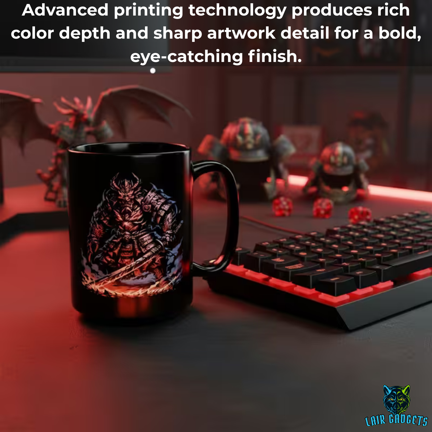 Demon Samurai Mug – Black Ceramic Oni Warrior Coffee Mug for Gamers and Fantasy Fans – 15oz – by Lair Gadgets