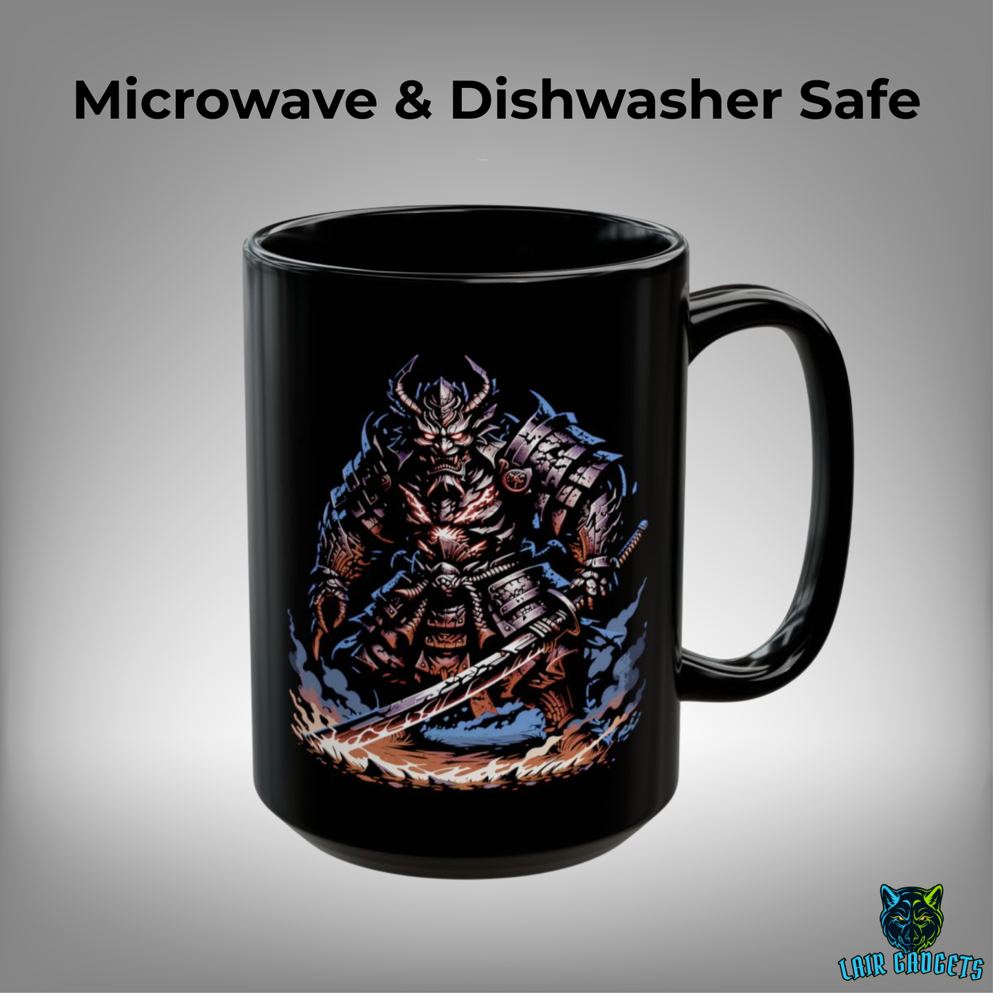 Demon Samurai Mug – Black Ceramic Oni Warrior Coffee Mug for Gamers and Fantasy Fans – 15oz – by Lair Gadgets