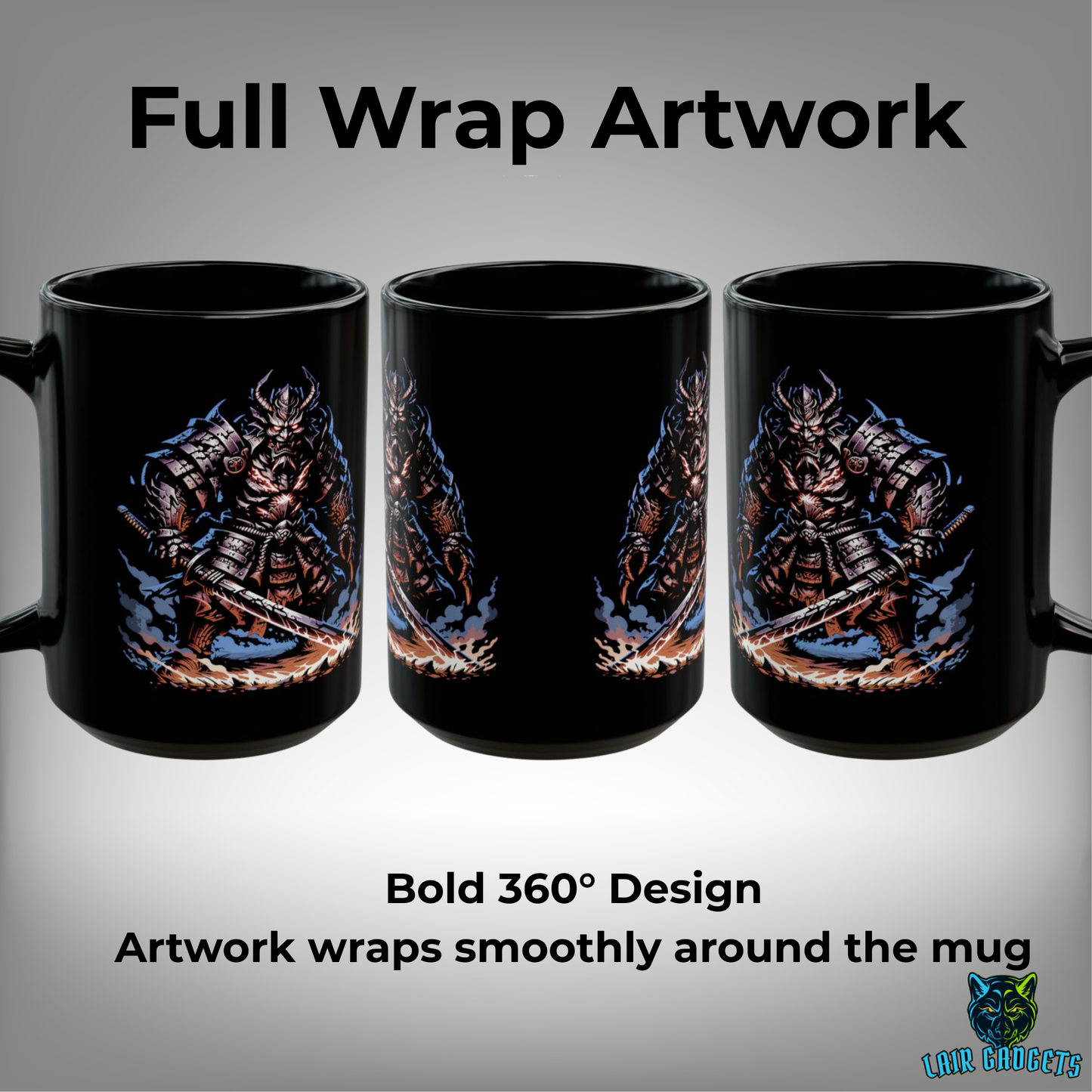 Demon Samurai Mug – Black Ceramic Oni Warrior Coffee Mug for Gamers and Fantasy Fans – 15oz – by Lair Gadgets