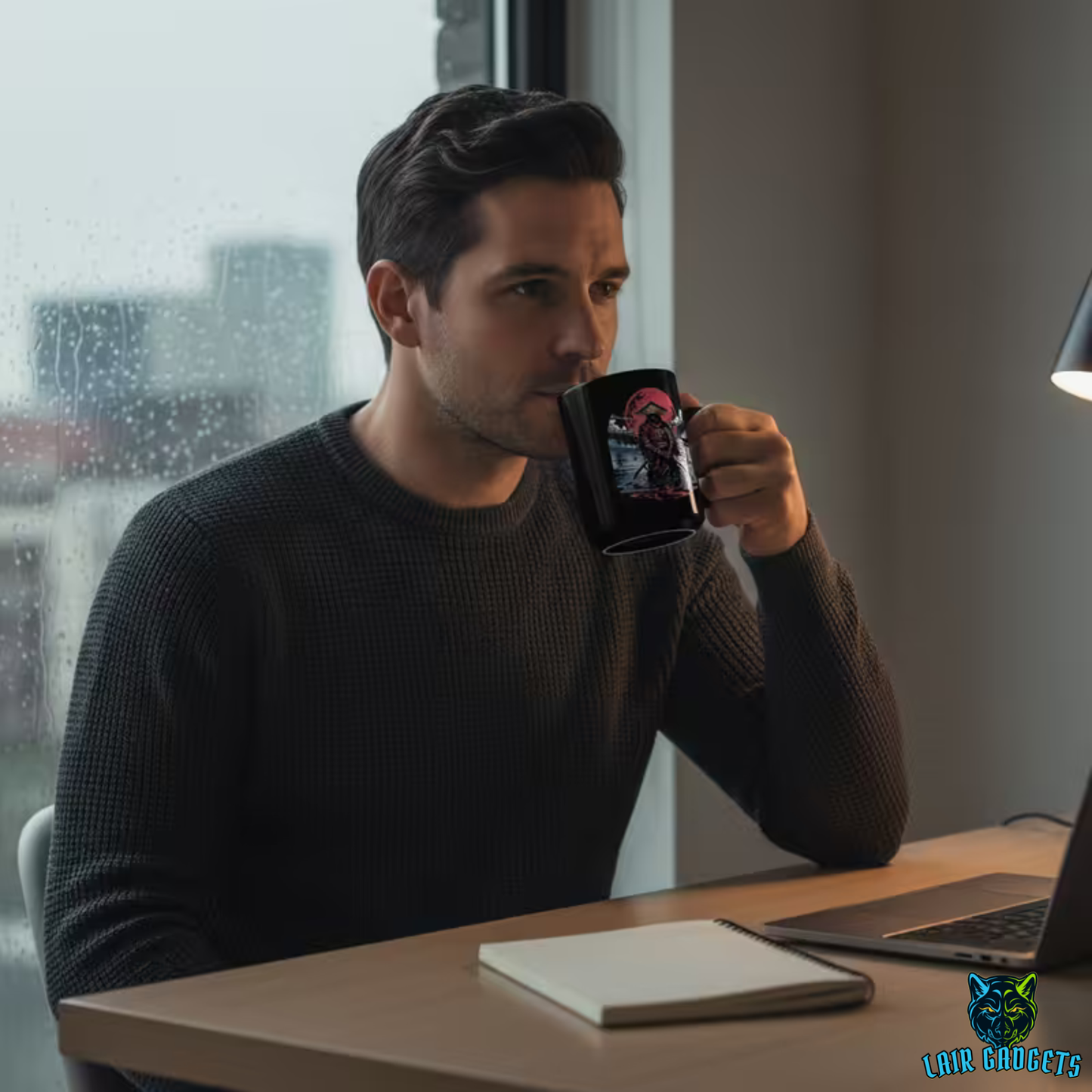 Ronin Samurai Mug – Black Ceramic Samurai Coffee Mug for Japanese Art and Stoic Decor Fans – 15oz – by Lair Gadgets