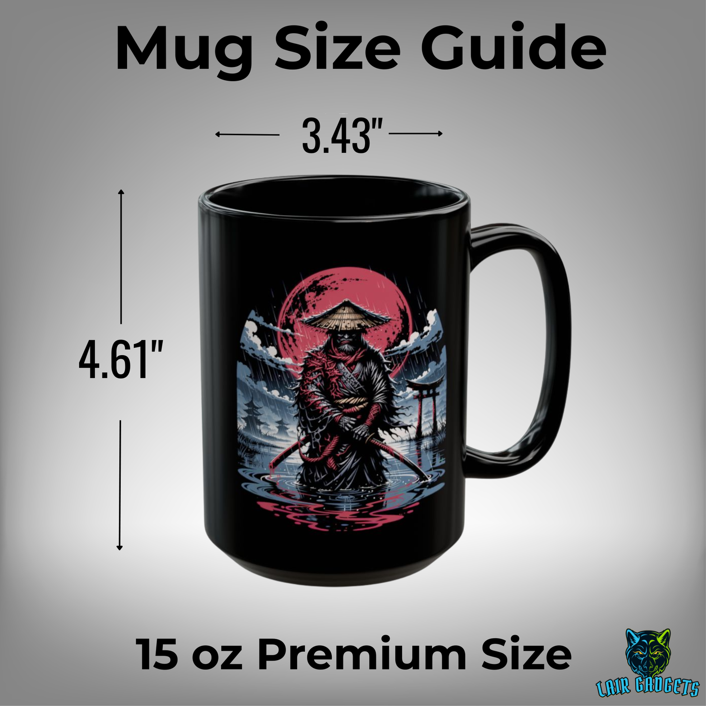 Ronin Samurai Mug – Black Ceramic Samurai Coffee Mug for Japanese Art and Stoic Decor Fans – 15oz – by Lair Gadgets