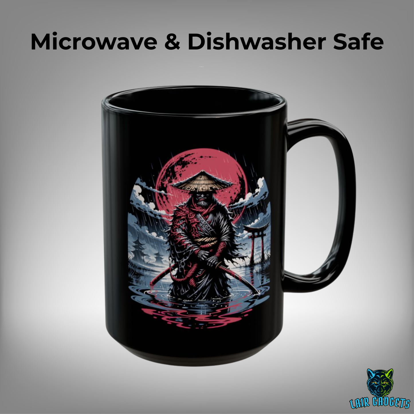 Ronin Samurai Mug – Black Ceramic Samurai Coffee Mug for Japanese Art and Stoic Decor Fans – 15oz – by Lair Gadgets
