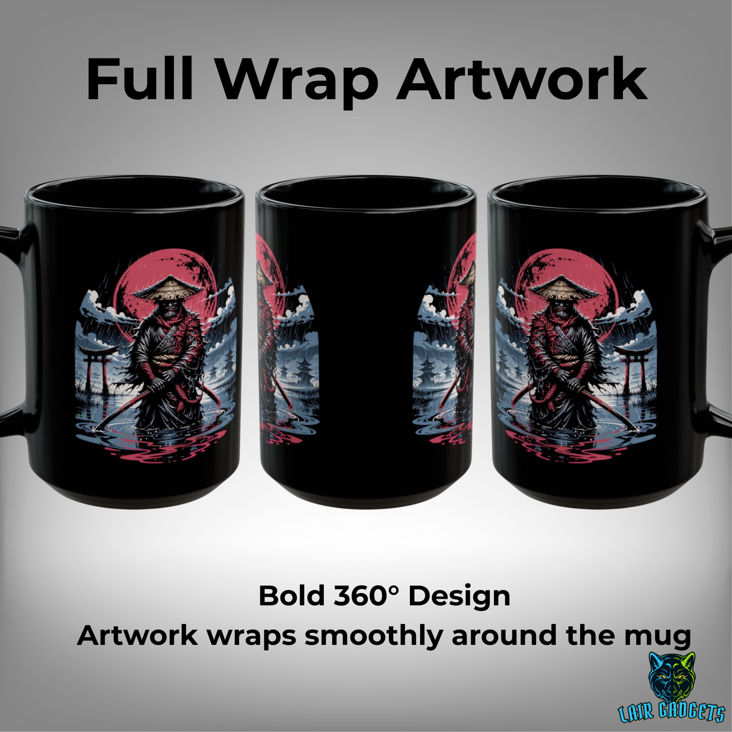 Ronin Samurai Mug – Black Ceramic Samurai Coffee Mug for Japanese Art and Stoic Decor Fans – 15oz – by Lair Gadgets